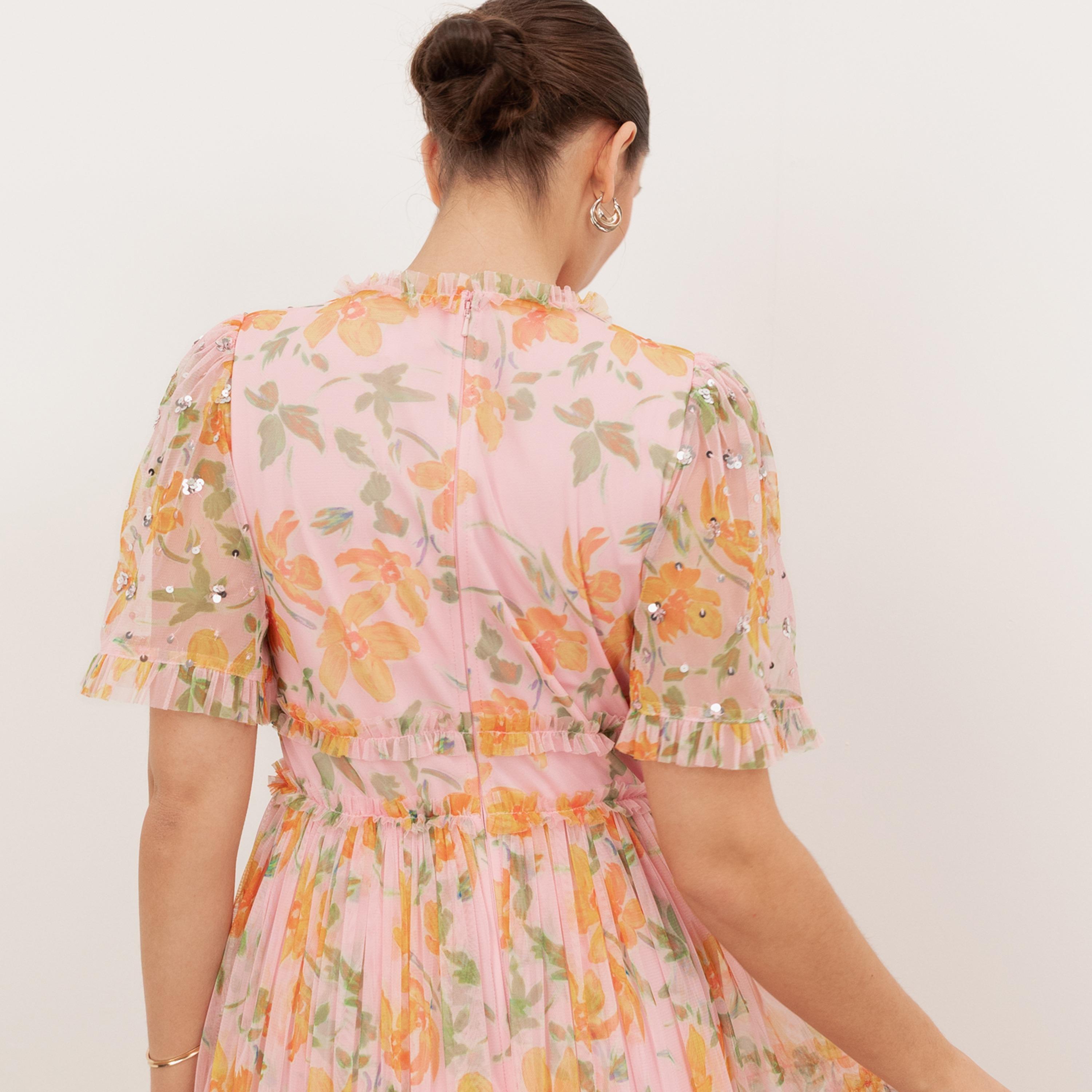 Anaya With Love Recycled Pink Floral Print Tulle Ruffle Detail Sleeves Tiered Women's Maxi Dress-women-clothing-dresses-image-4
