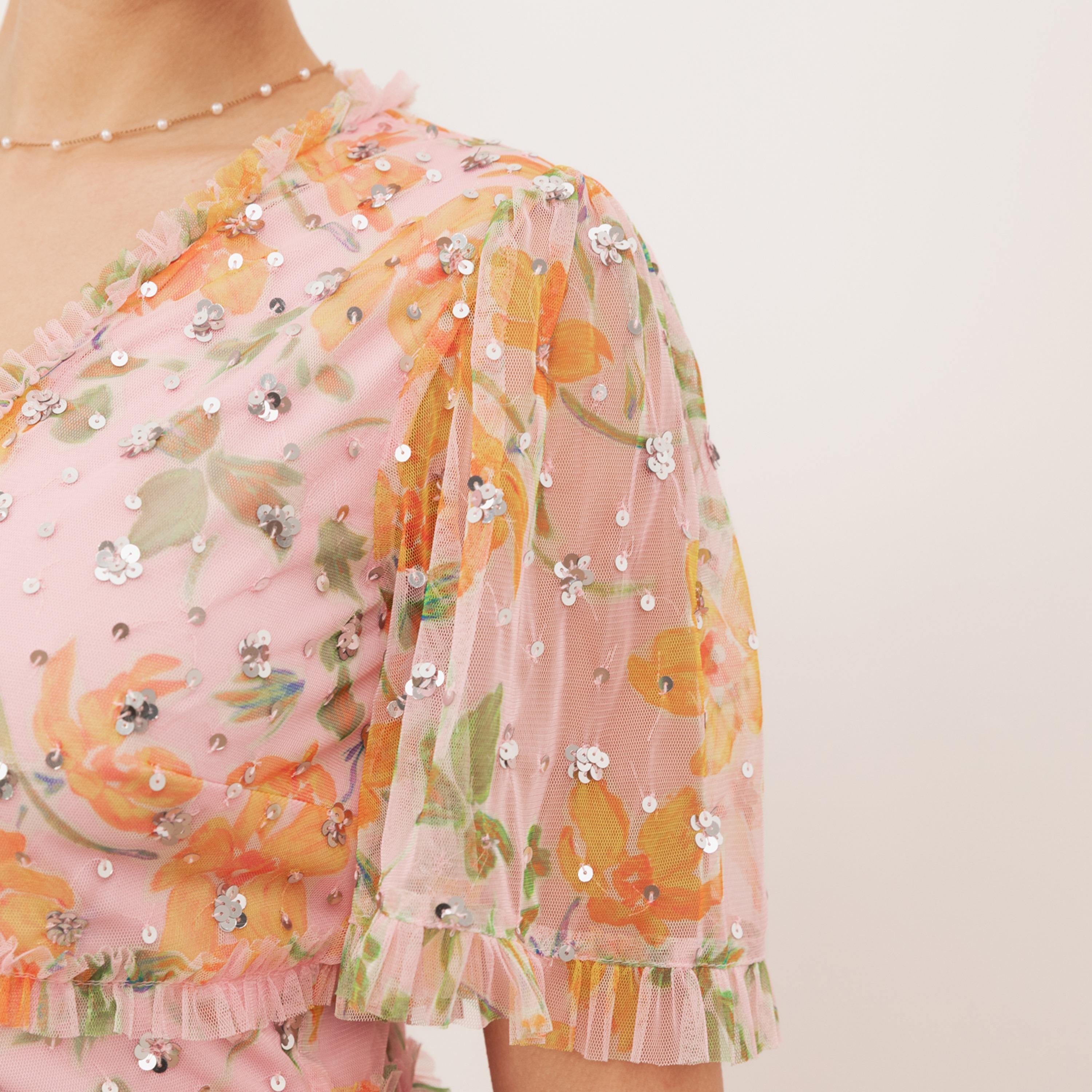 Anaya With Love Recycled Pink Floral Print Tulle Ruffle Detail Sleeves Tiered Women's Maxi Dress-women-clothing-dresses-image-5