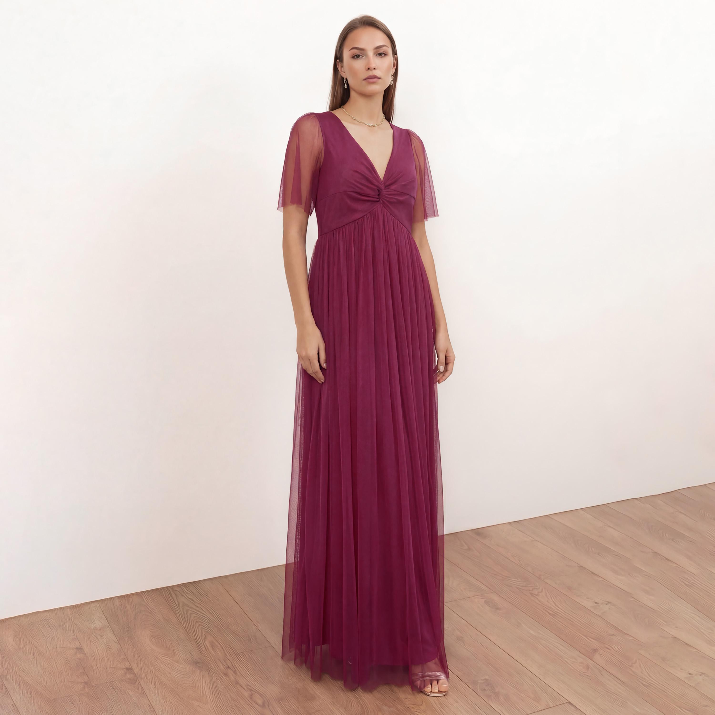 Anaya With Love Recycled Cerise Tulle Sheer Sleeves Fit & Flared Women's Maxi Dress-women-clothing-dresses-image-1