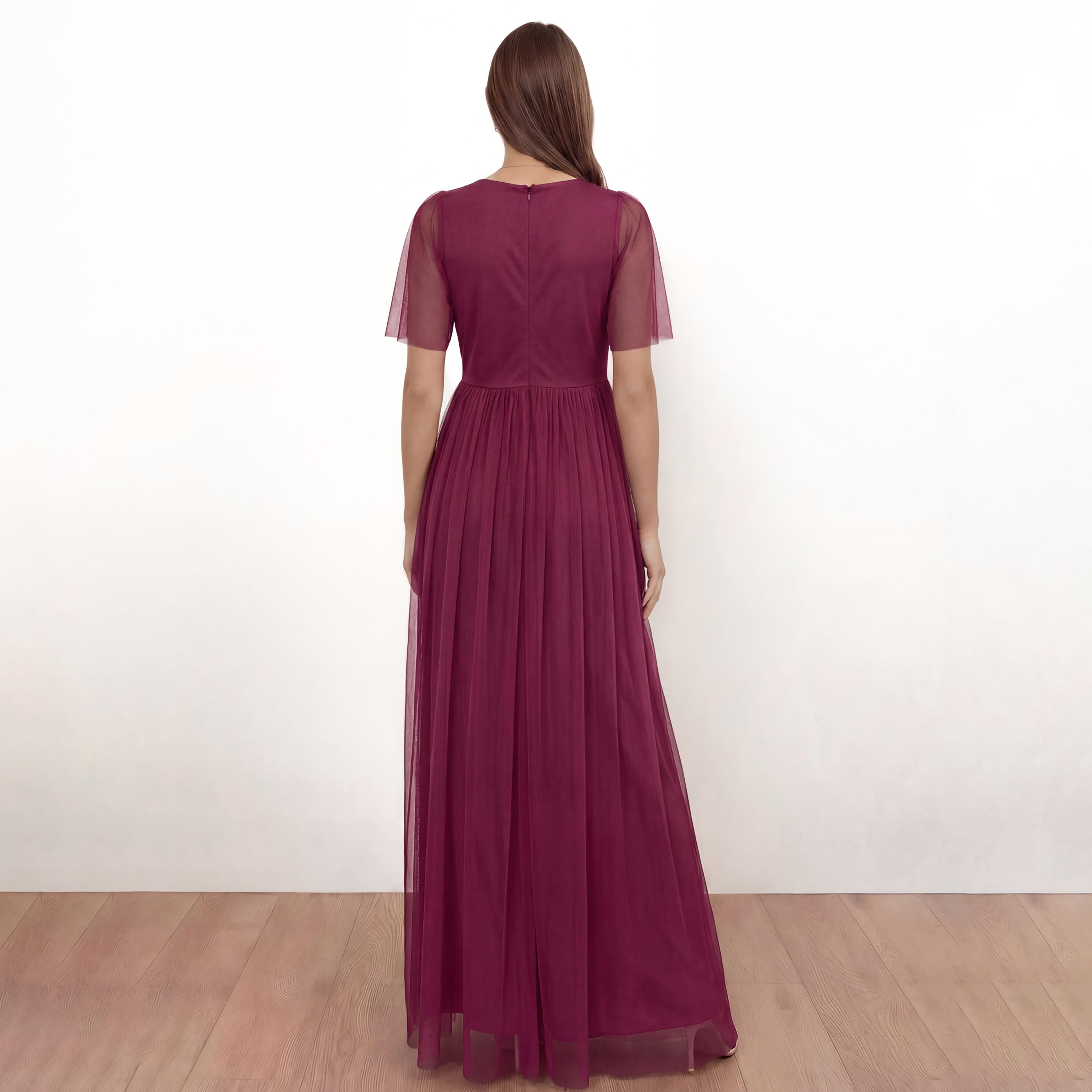 Anaya With Love Recycled Cerise Tulle Sheer Sleeves Fit & Flared Women's Maxi Dress-women-clothing-dresses-image-2