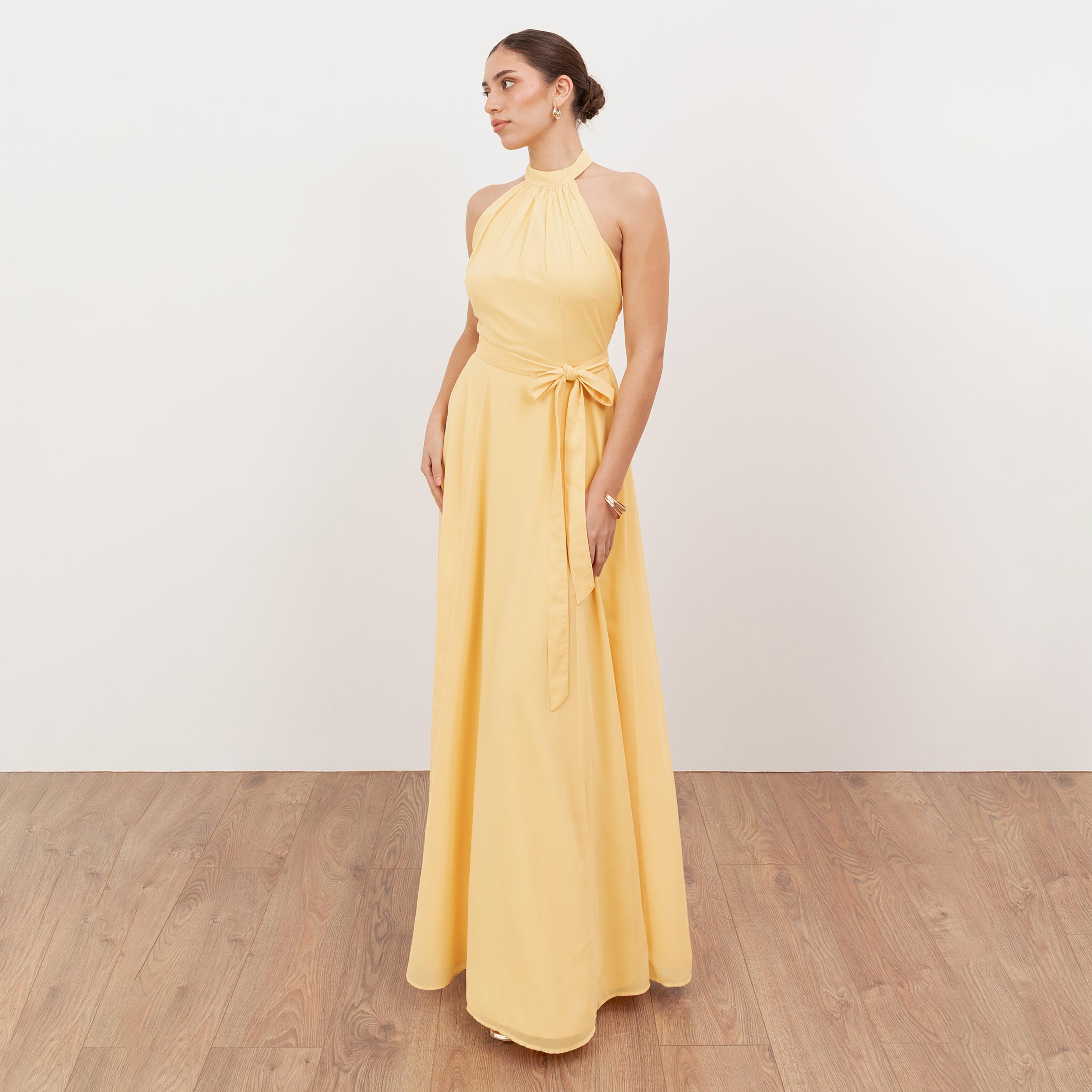 Anaya With Love Recycled Butter Yellow Georgette Halter Neck Fit & Flared Women's Maxi Dress-women-clothing-dresses-image-1