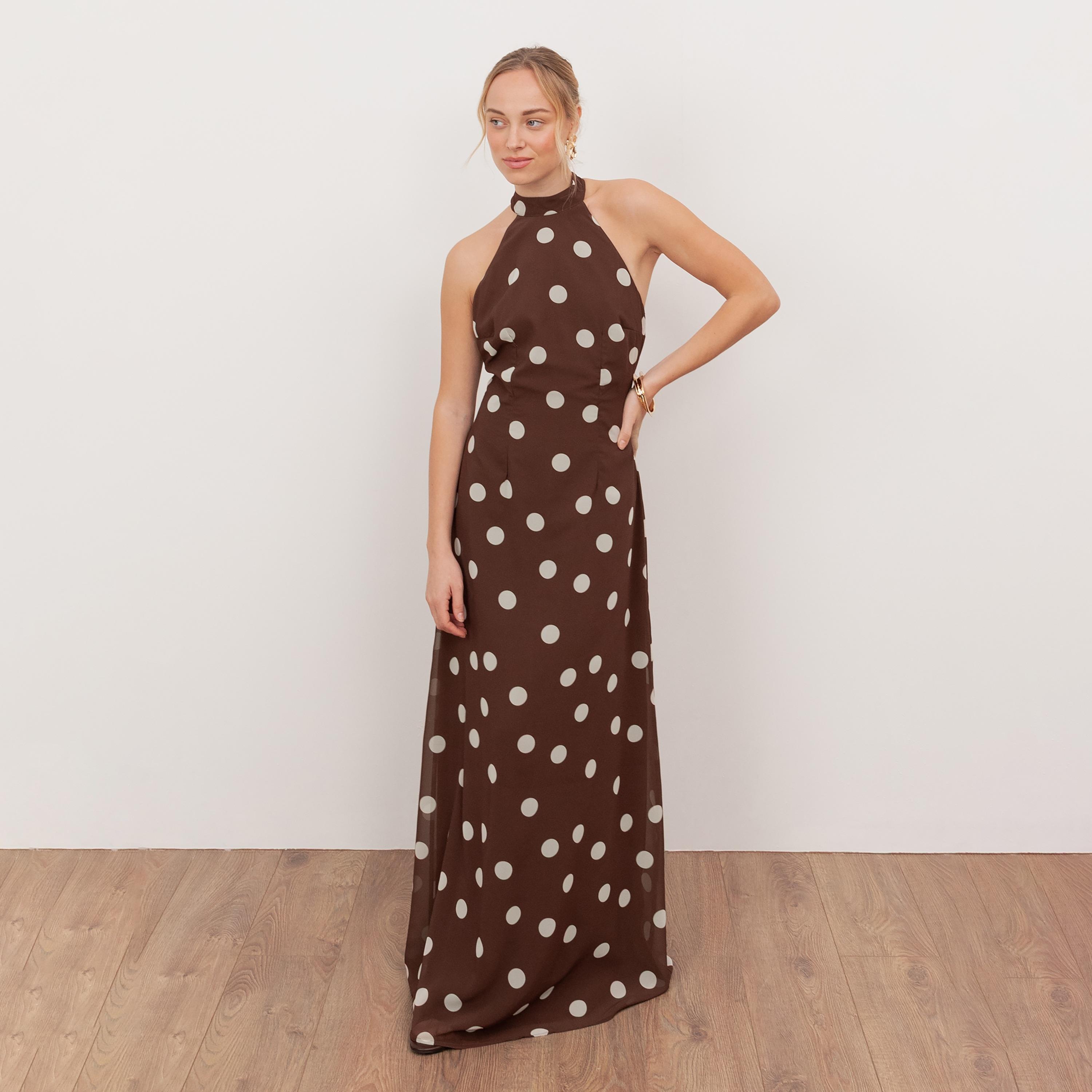 Anaya With Love Recycled Brown Polka Dot Georgette Halter Neck Women's Maxi Dress-women-clothing-dresses-image-1