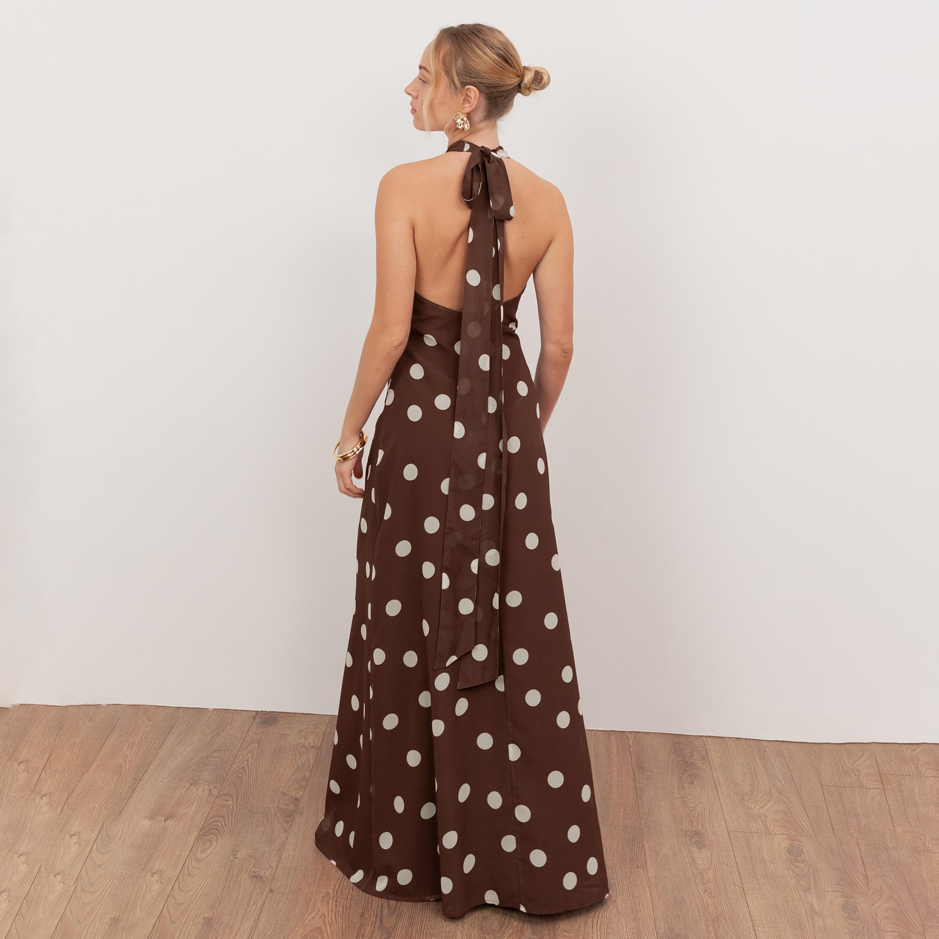 Anaya With Love Recycled Brown Polka Dot Georgette Halter Neck Women's Maxi Dress-women-clothing-dresses-image-2