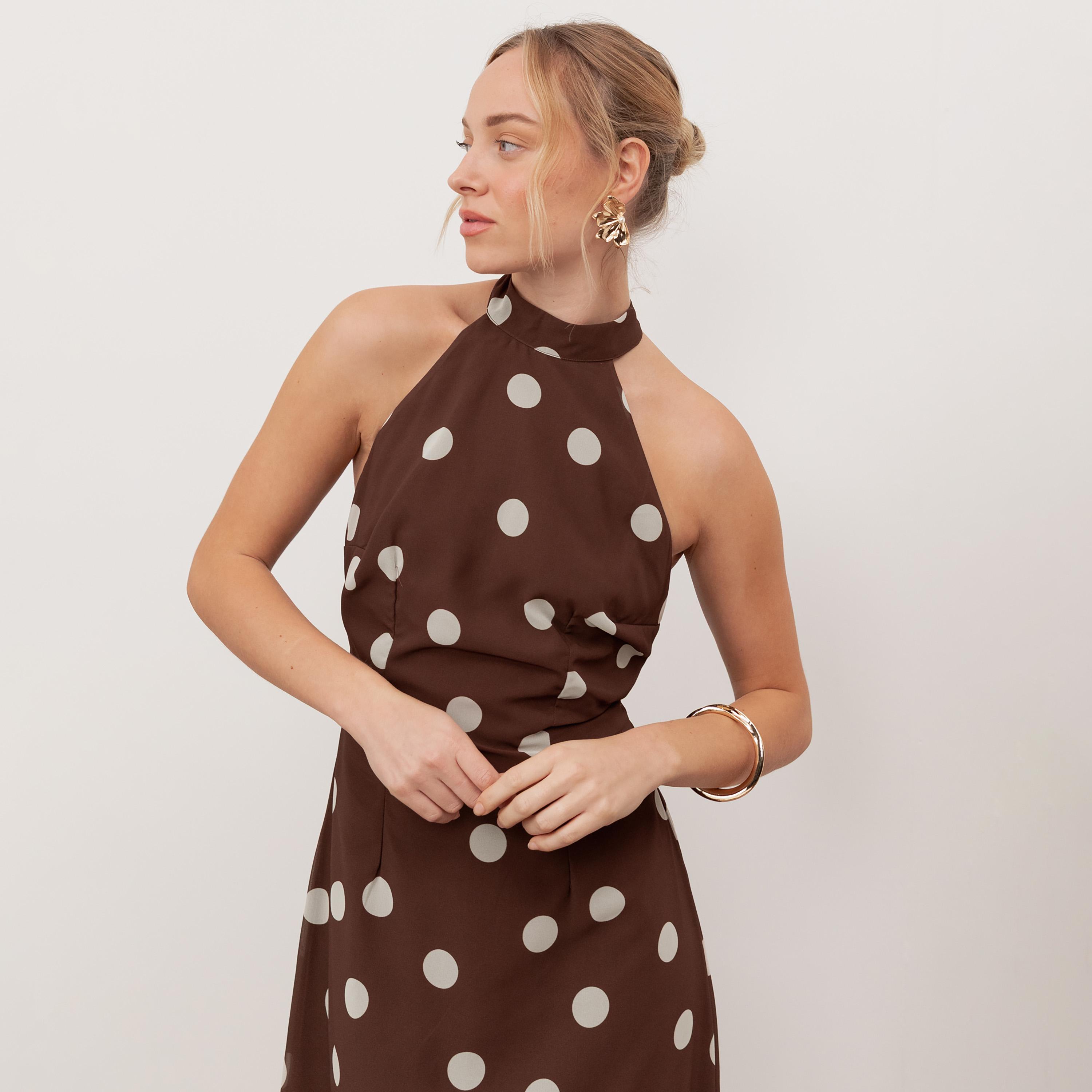 Anaya With Love Recycled Brown Polka Dot Georgette Halter Neck Women's Maxi Dress-women-clothing-dresses-image-3