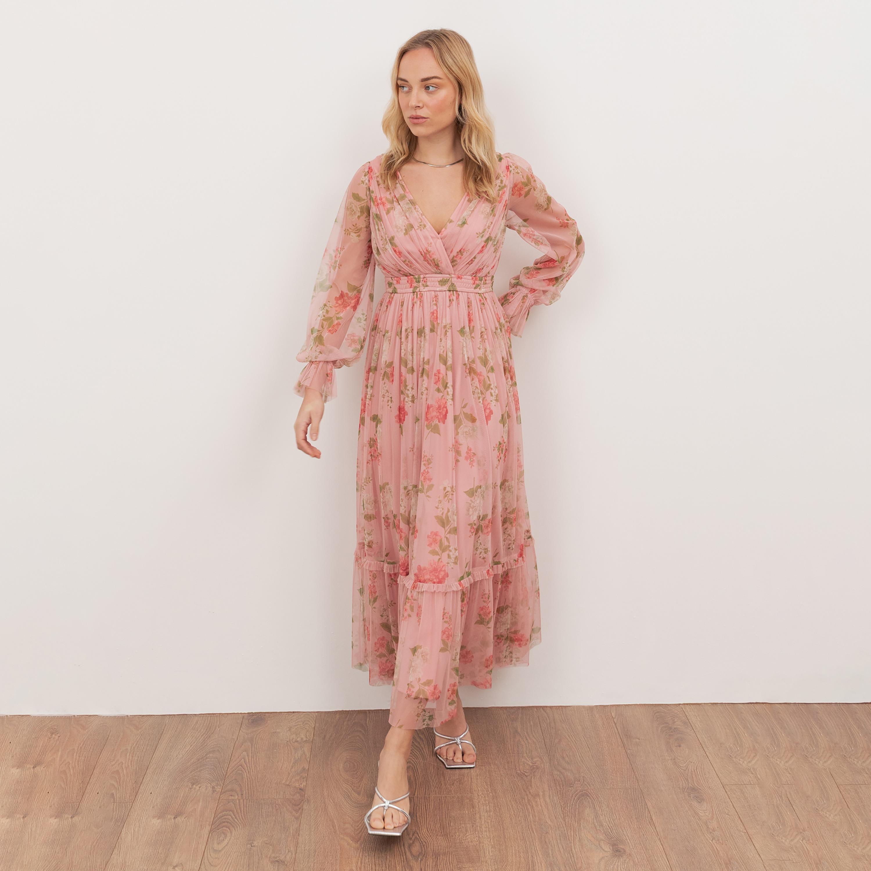 Anaya With Love Recycled Pink Floral Print Tulle Surplice Neck Balloon Sleeves Women's Midaxi Dress-women-clothing-dresses-image-1
