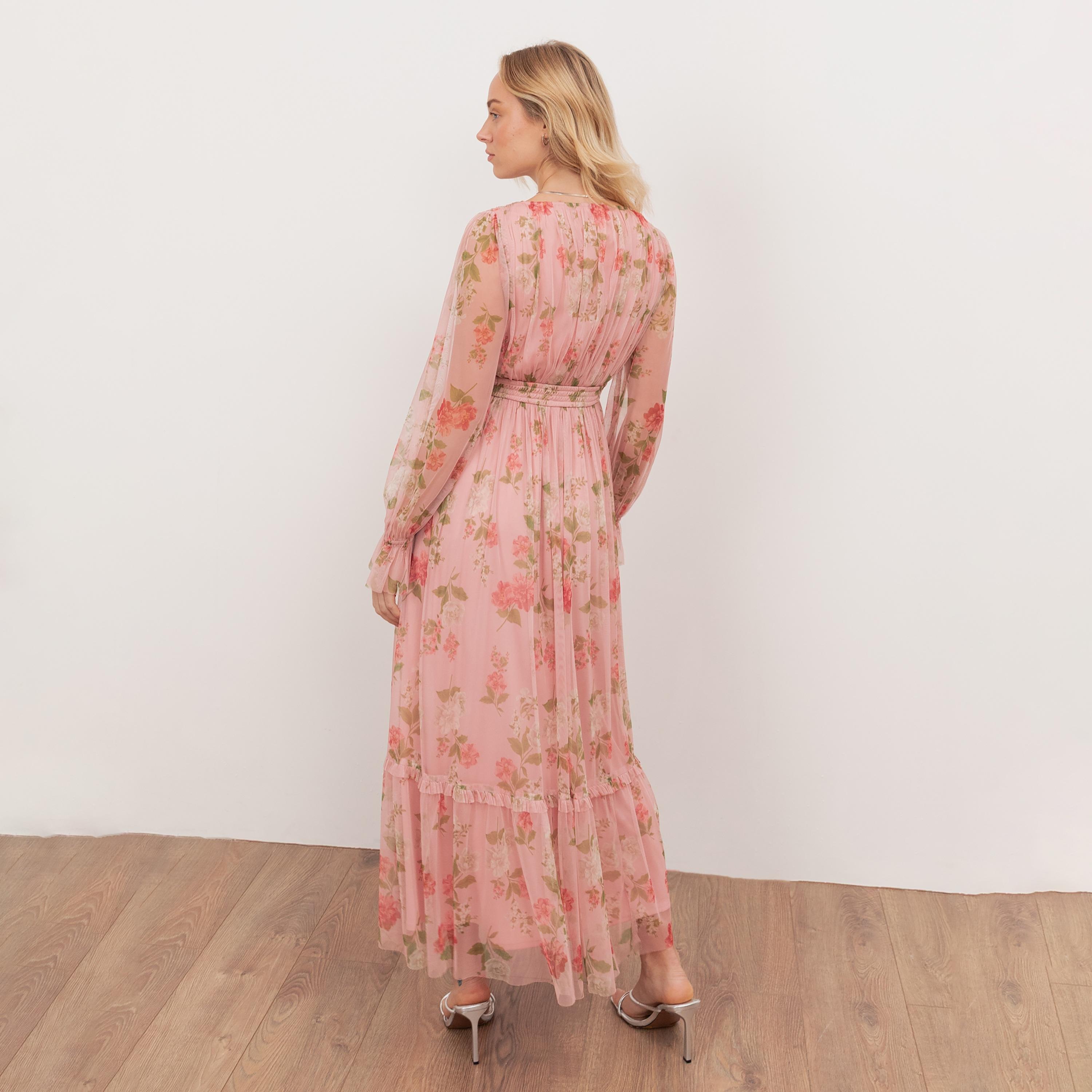 Anaya With Love Recycled Pink Floral Print Tulle Surplice Neck Balloon Sleeves Women's Midaxi Dress-women-clothing-dresses-image-2