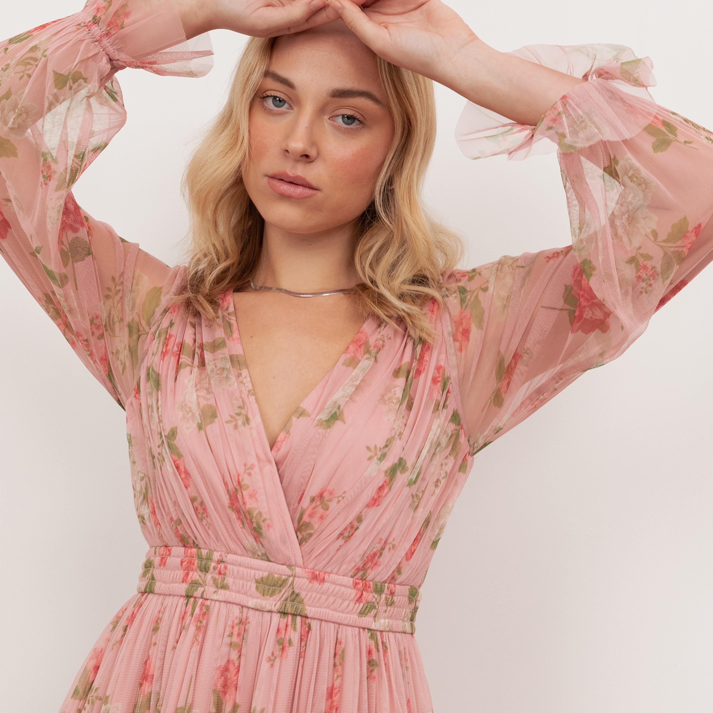Anaya With Love Recycled Pink Floral Print Tulle Surplice Neck Balloon Sleeves Women's Midaxi Dress-women-clothing-dresses-image-3