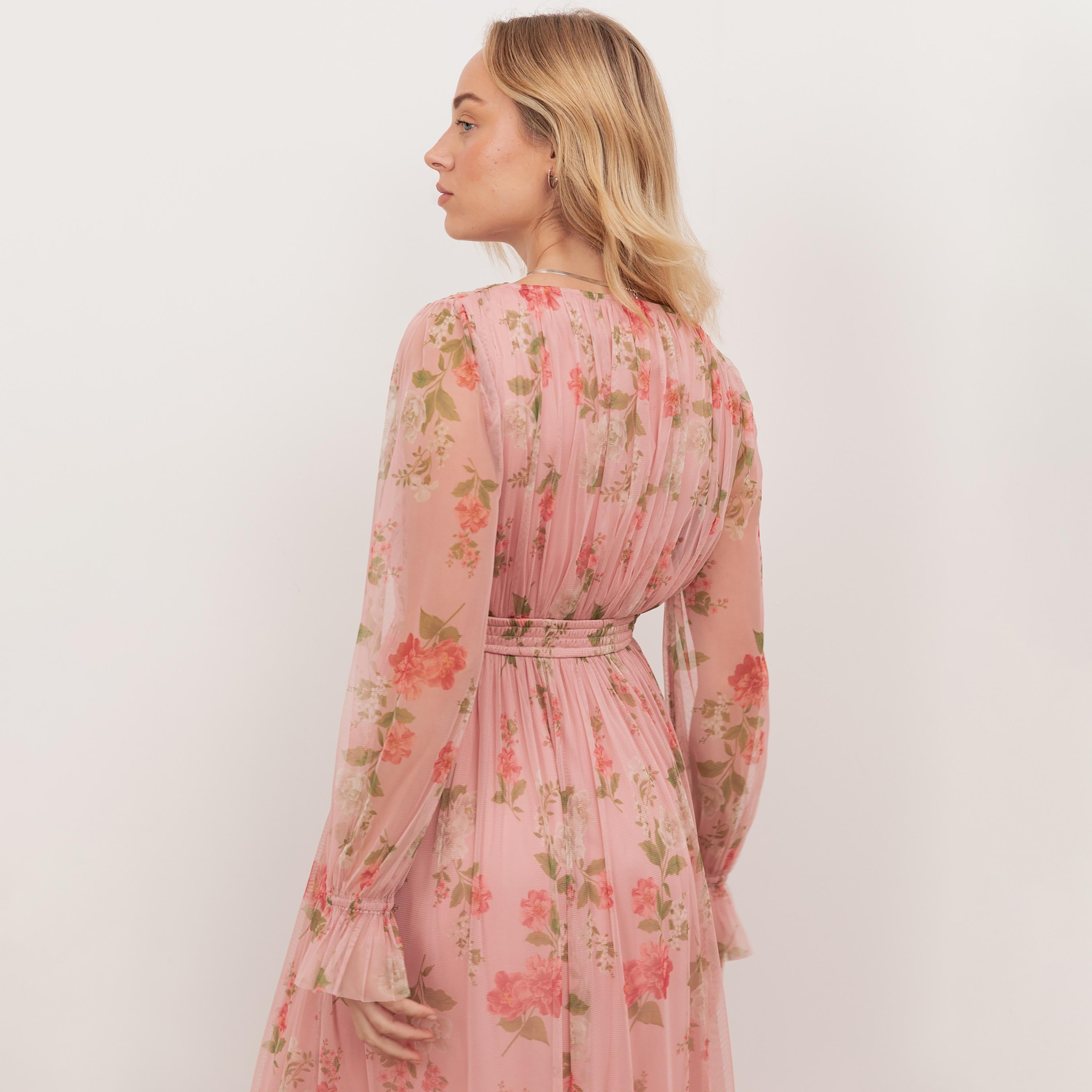 Anaya With Love Recycled Pink Floral Print Tulle Surplice Neck Balloon Sleeves Women's Midaxi Dress-women-clothing-dresses-image-4