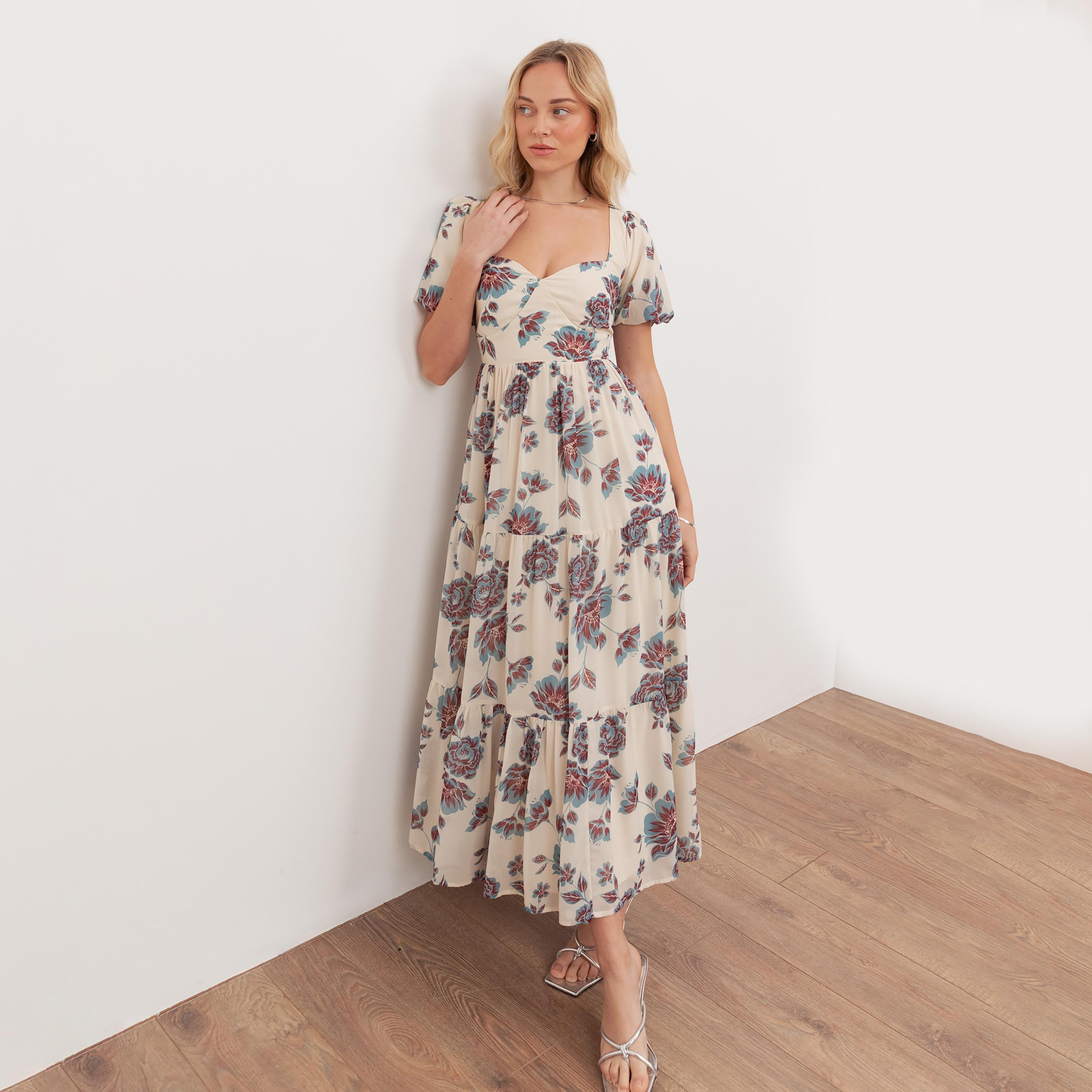 Anaya With Love Cream Floral Print Chiffon Sweetheart Neck Puff Sleeves Tiered Women's Midi Dress-women-clothing-dresses-image-1