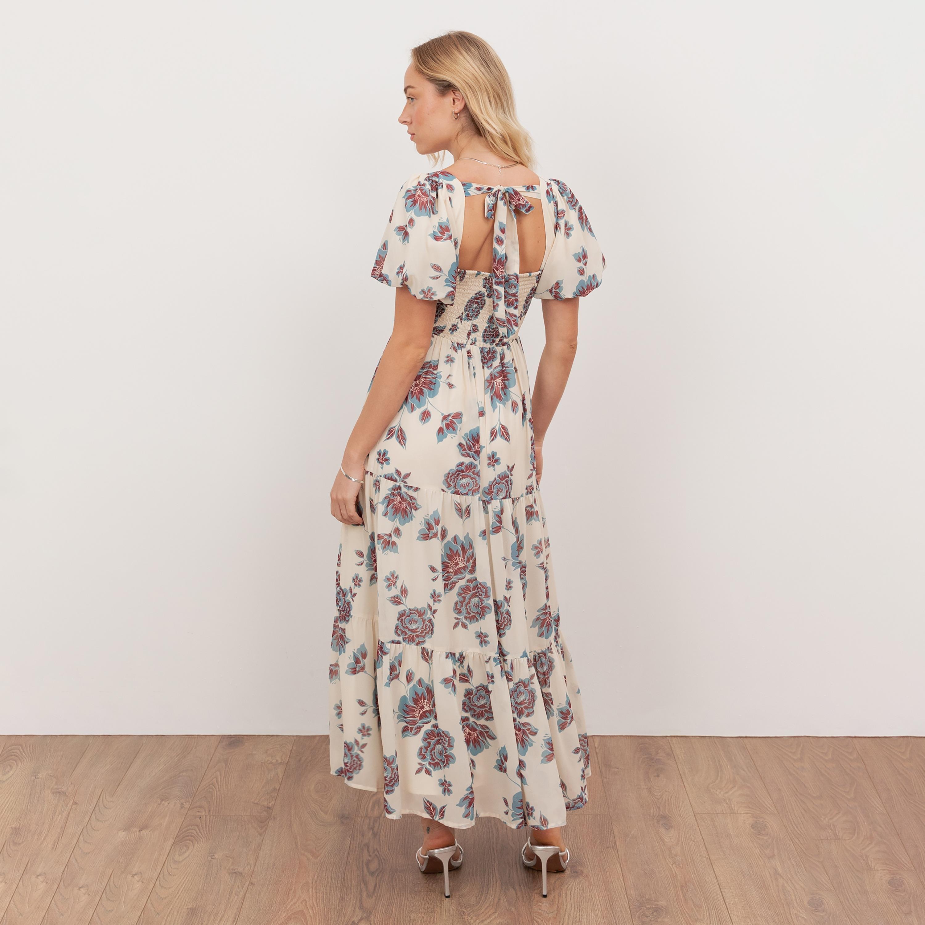 Anaya With Love Cream Floral Print Chiffon Sweetheart Neck Puff Sleeves Tiered Women's Midi Dress-women-clothing-dresses-image-2