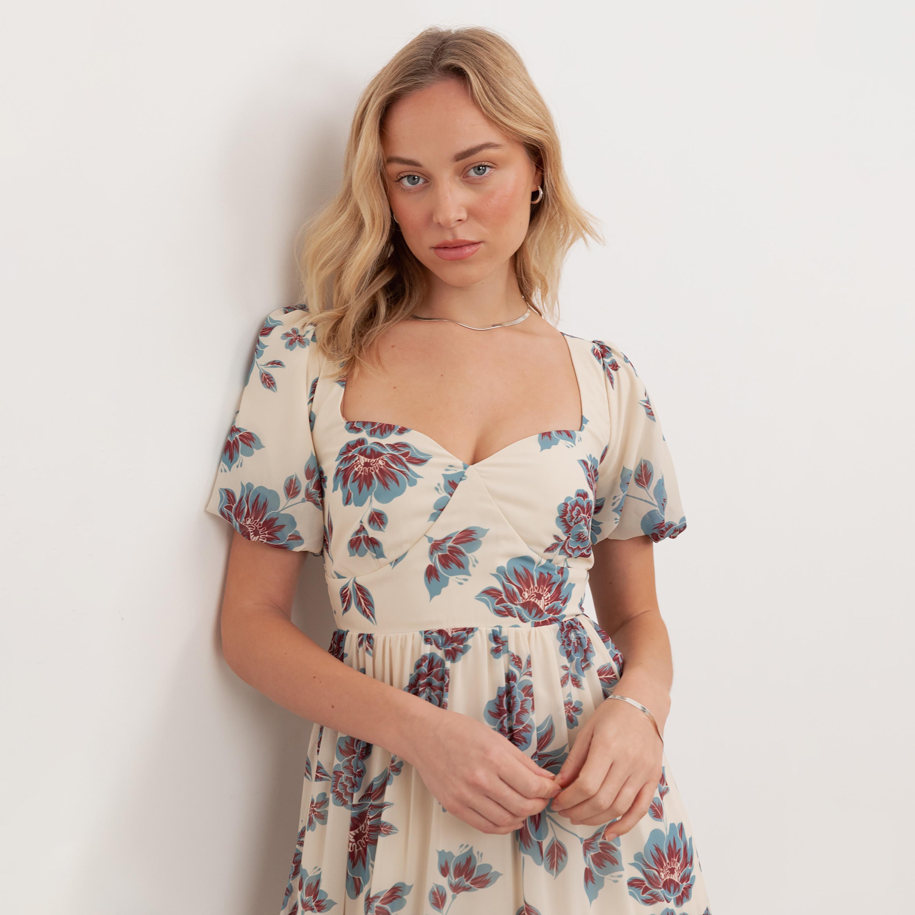Anaya With Love Cream Floral Print Chiffon Sweetheart Neck Puff Sleeves Tiered Women's Midi Dress-women-clothing-dresses-image-3