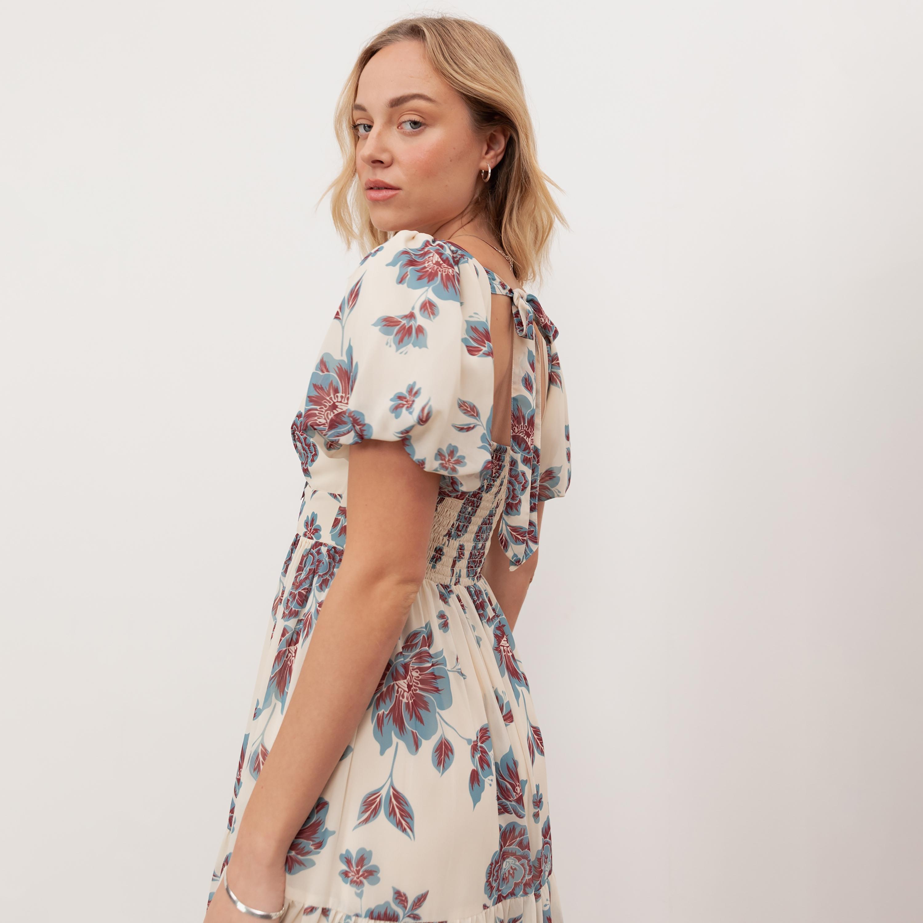 Anaya With Love Cream Floral Print Chiffon Sweetheart Neck Puff Sleeves Tiered Women's Midi Dress-women-clothing-dresses-image-4