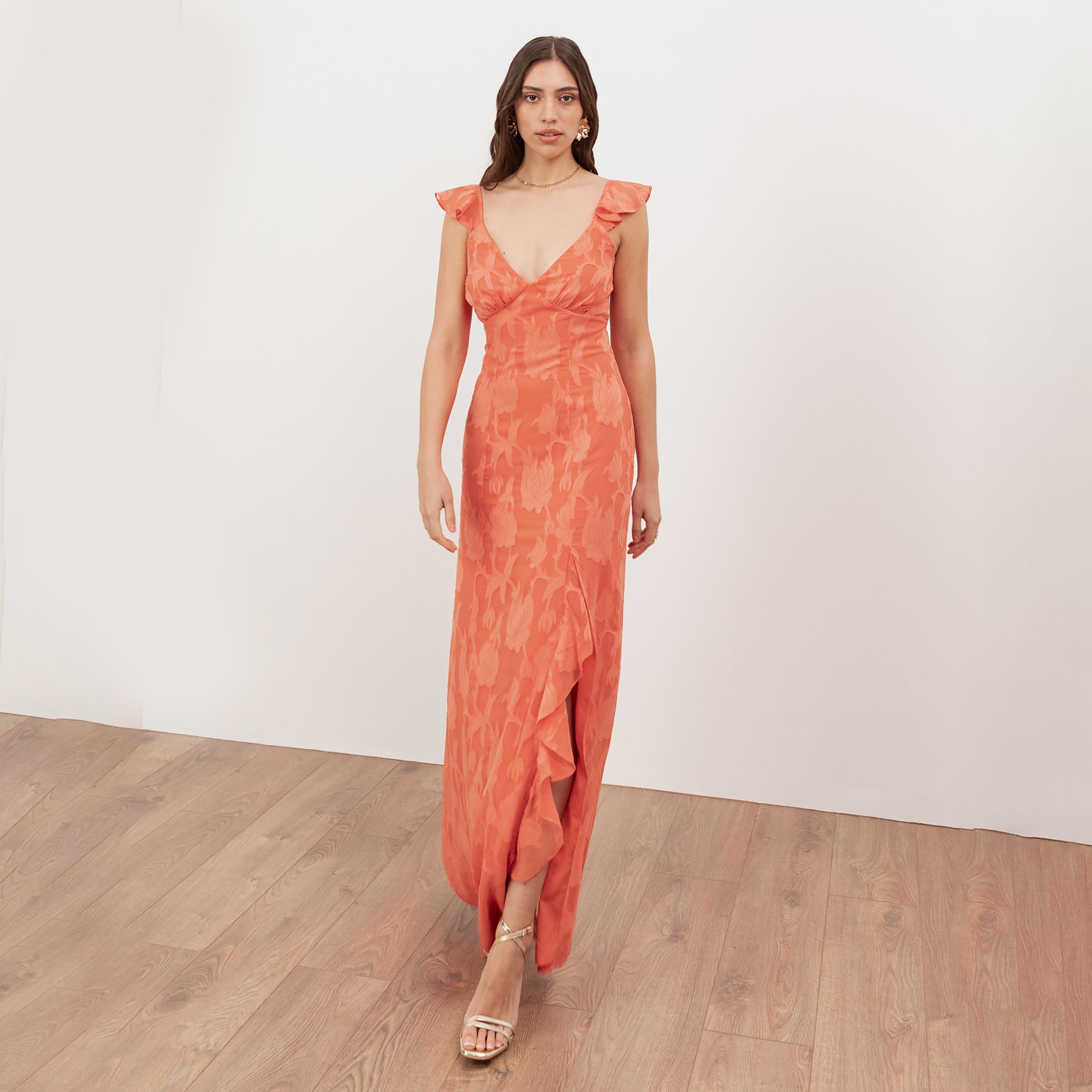 Anaya With Love Recycled Coral Burnout Floral Georgette Slit Women's Maxi Dress-women-clothing-dresses-image-1