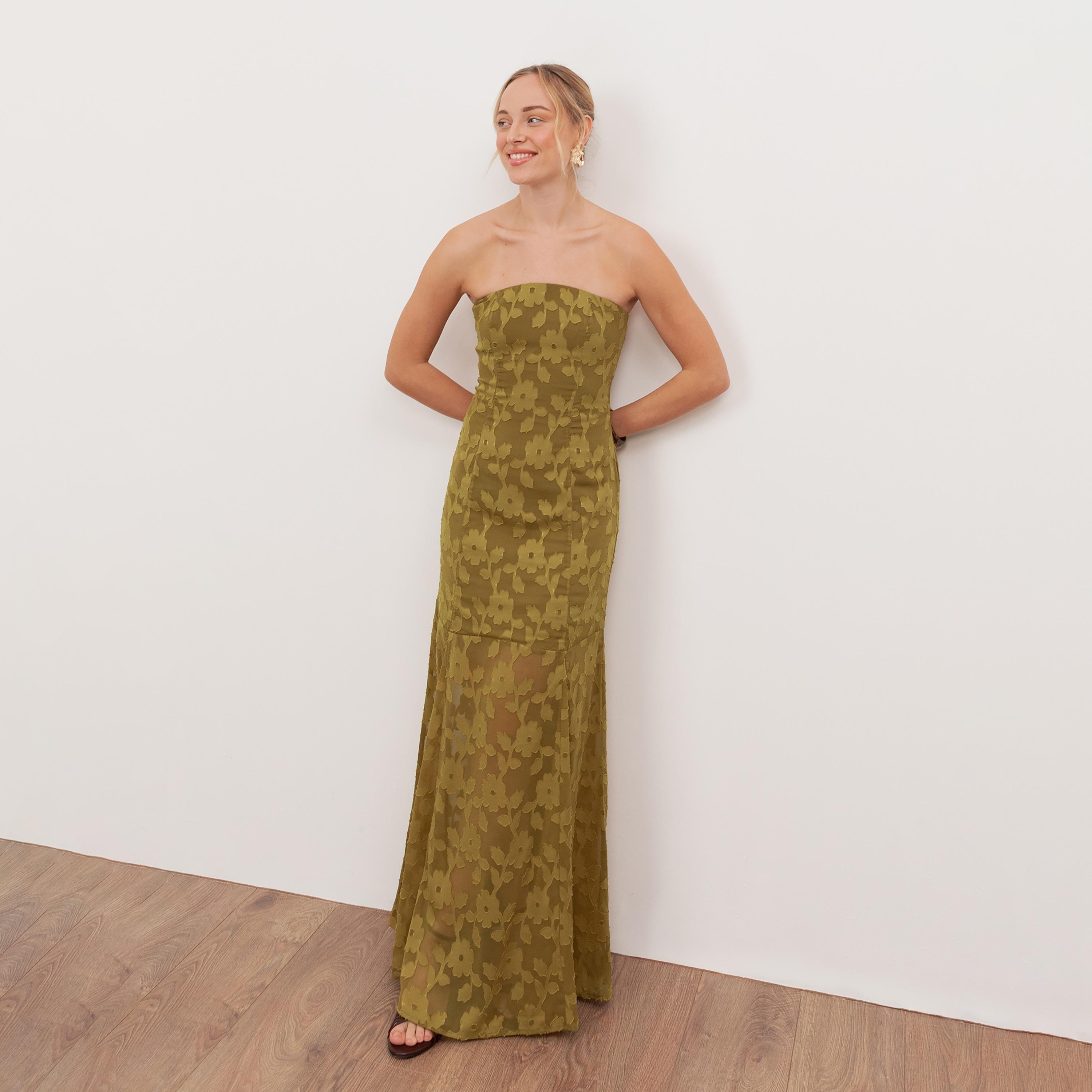 Anaya With Love Recycled Golden Olive Burnout Floral Chiffon Strapless Bandeau Women's Maxi Dress-women-clothing-dresses-image-1