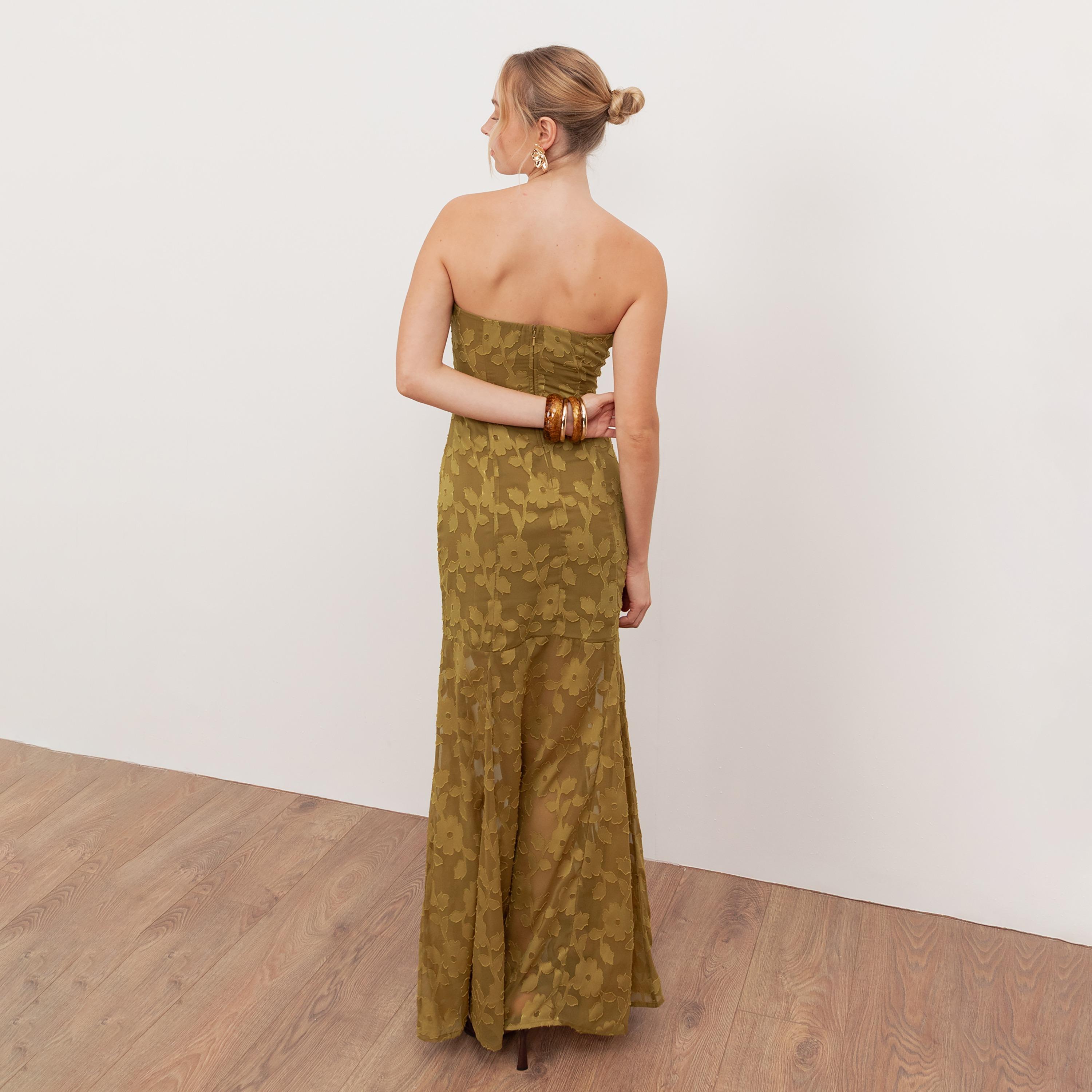 Anaya With Love Recycled Golden Olive Burnout Floral Chiffon Strapless Bandeau Women's Maxi Dress-women-clothing-dresses-image-2