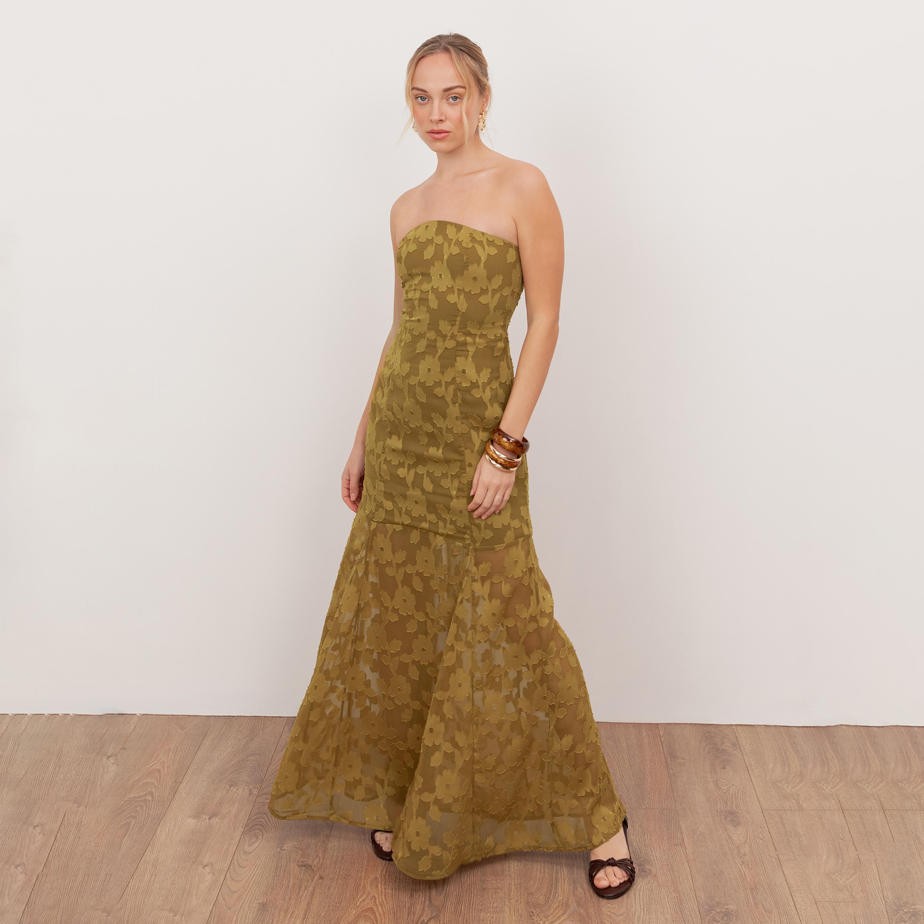 Anaya With Love Recycled Golden Olive Burnout Floral Chiffon Strapless Bandeau Women's Maxi Dress-women-clothing-dresses-image-3