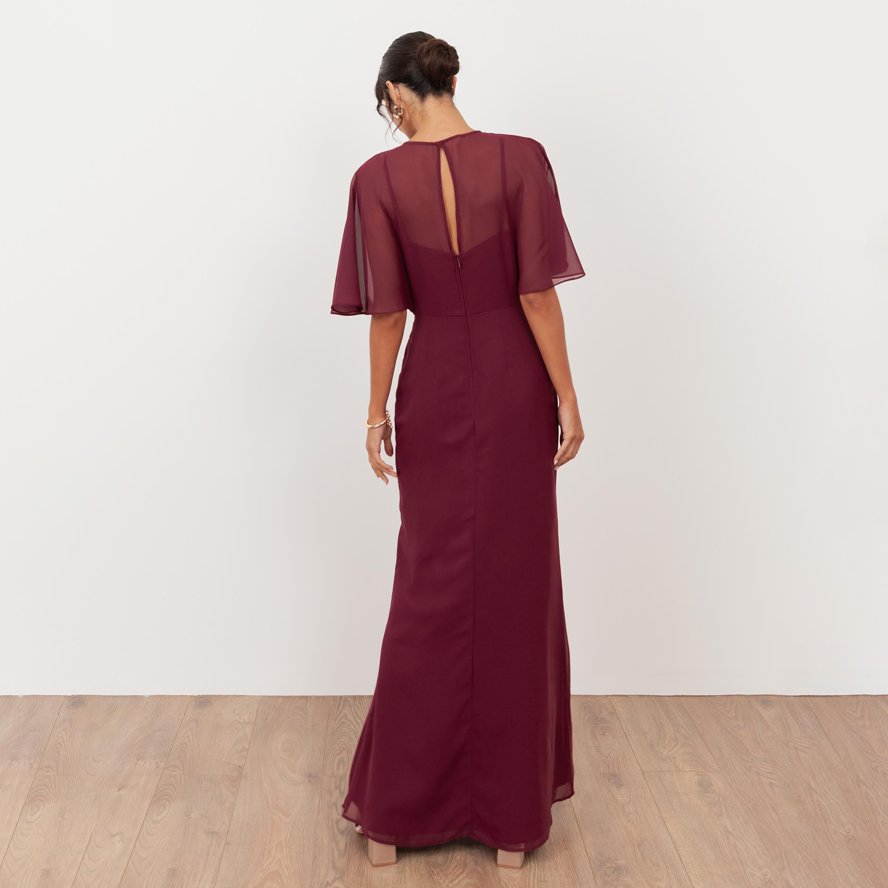 Maya Deluxe Cranberry Sequined & Beaded Georgette Flutter Sleeves Women's Evening Maxi Dress-women-clothing-dresses-image-2