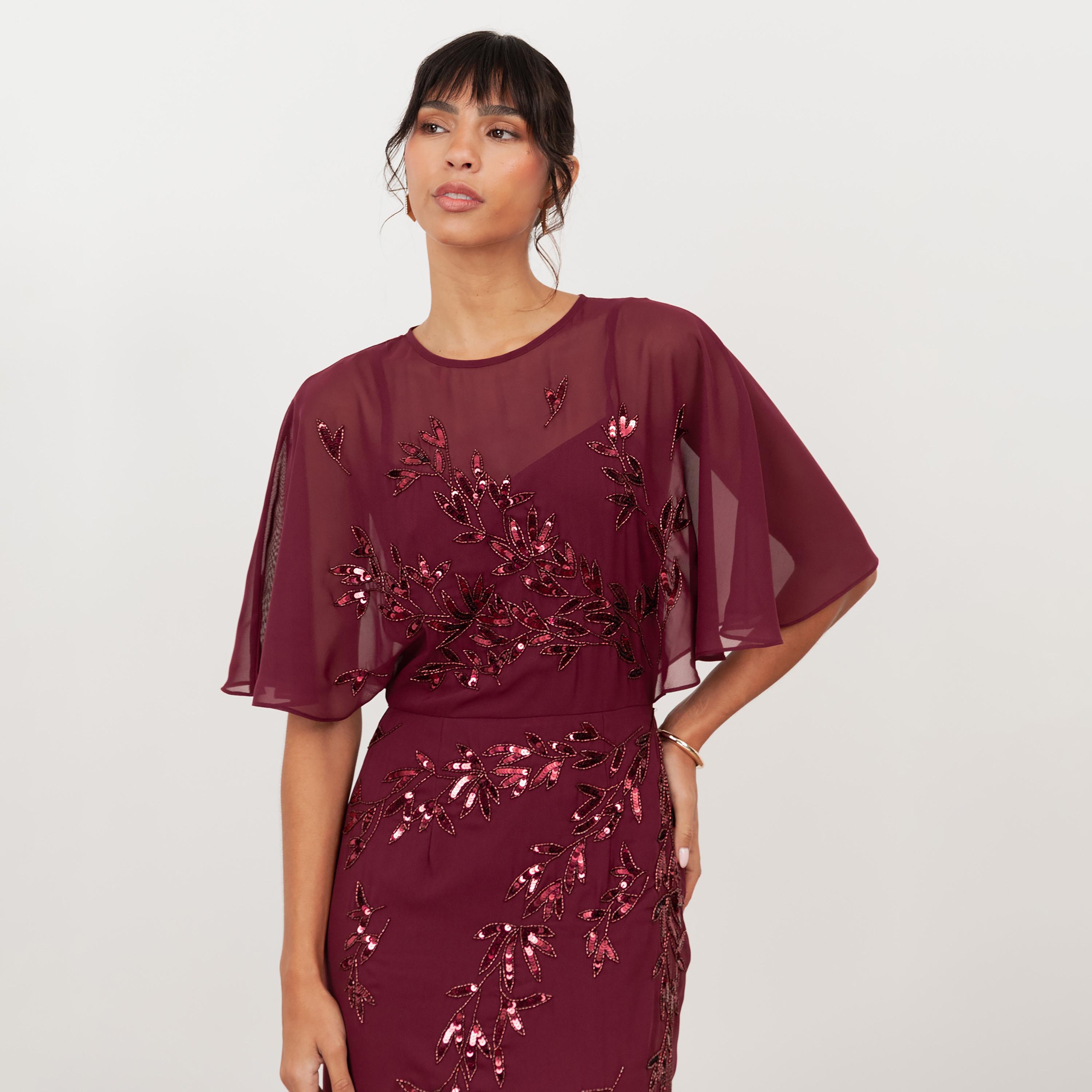 Maya Deluxe Cranberry Sequined & Beaded Georgette Flutter Sleeves Women's Evening Maxi Dress-women-clothing-dresses-image-3