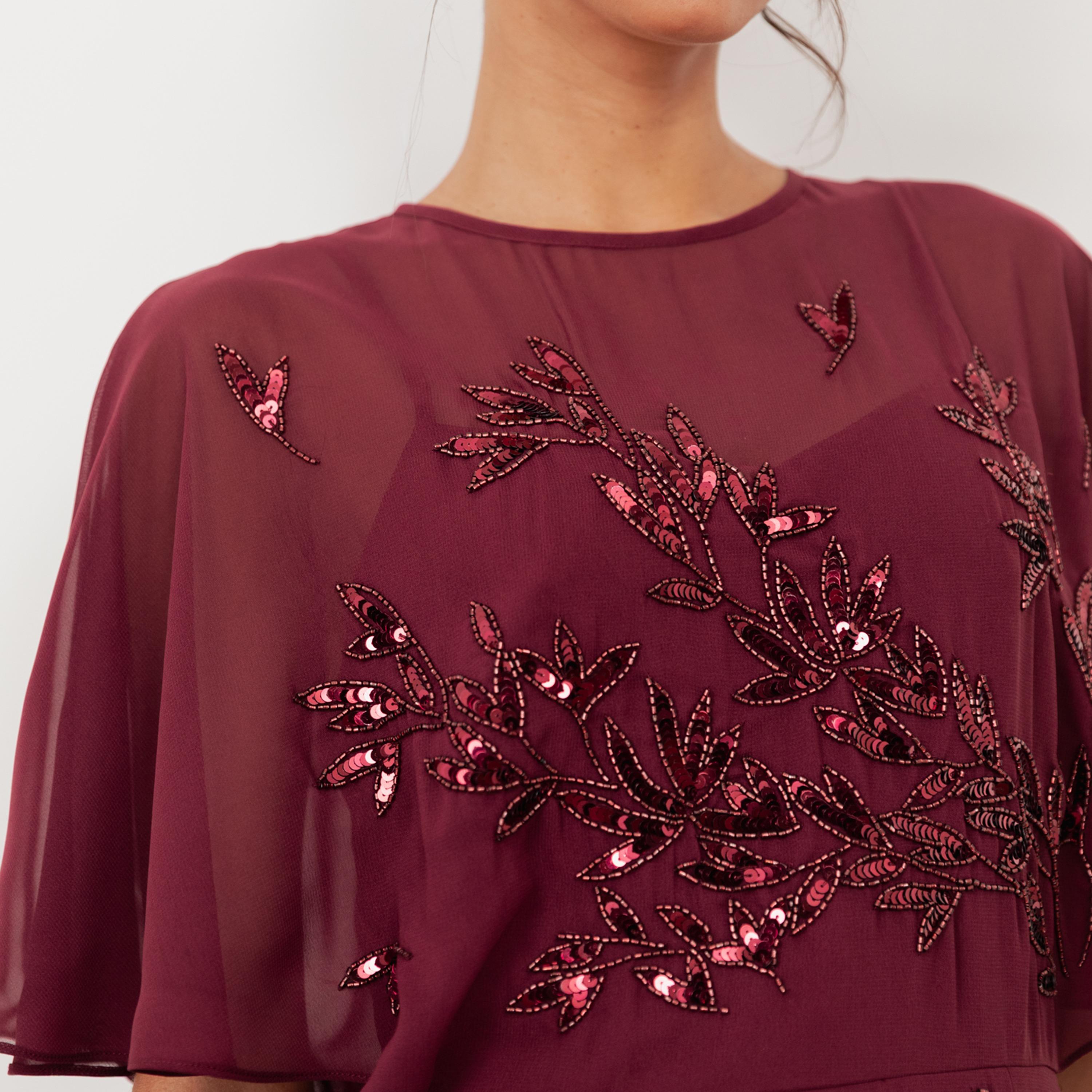 Maya Deluxe Cranberry Sequined & Beaded Georgette Flutter Sleeves Women's Evening Maxi Dress-women-clothing-dresses-image-5