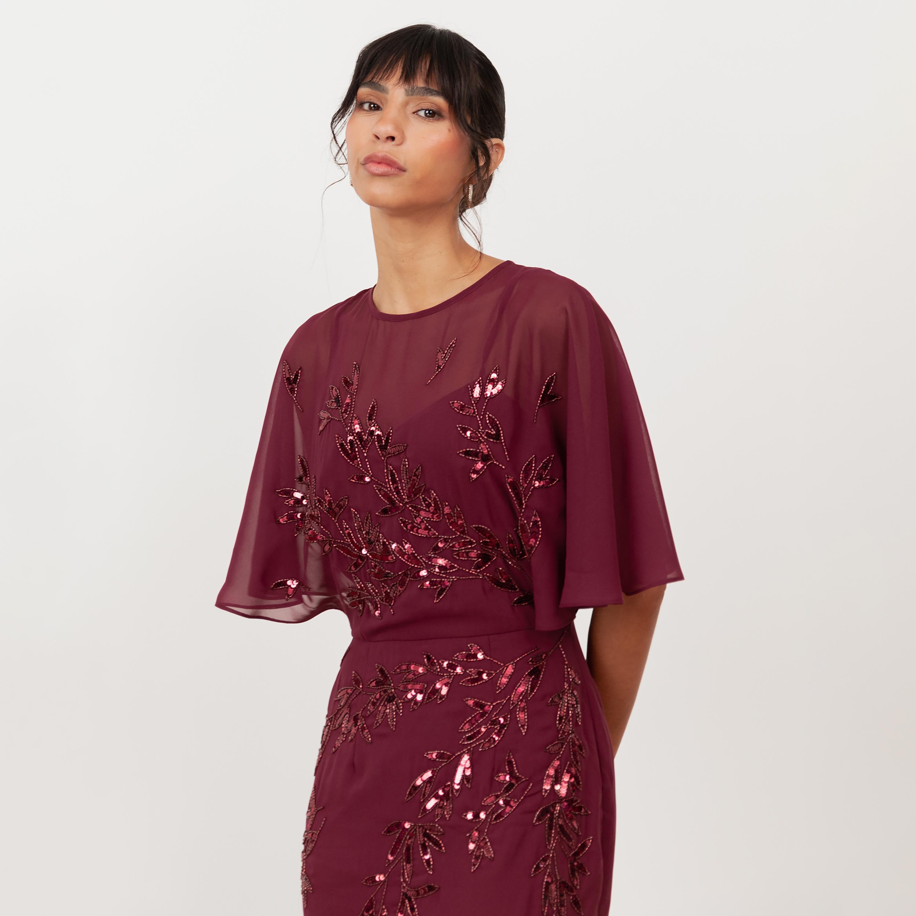 Maya Deluxe Cranberry Sequined & Beaded Georgette Flutter Sleeves Women's Evening Maxi Dress-women-clothing-dresses-image-6