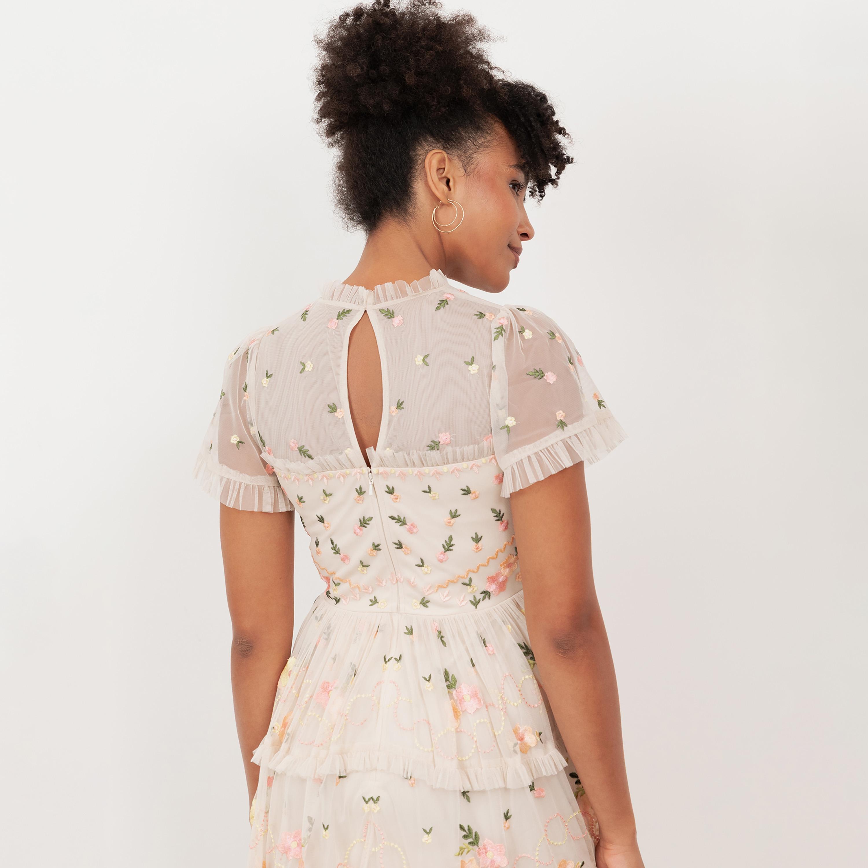 Maya Deluxe Multi Embroidered Tulle Ruffle Neck Tiered Women's Mini Dress-women-clothing-dresses-image-4
