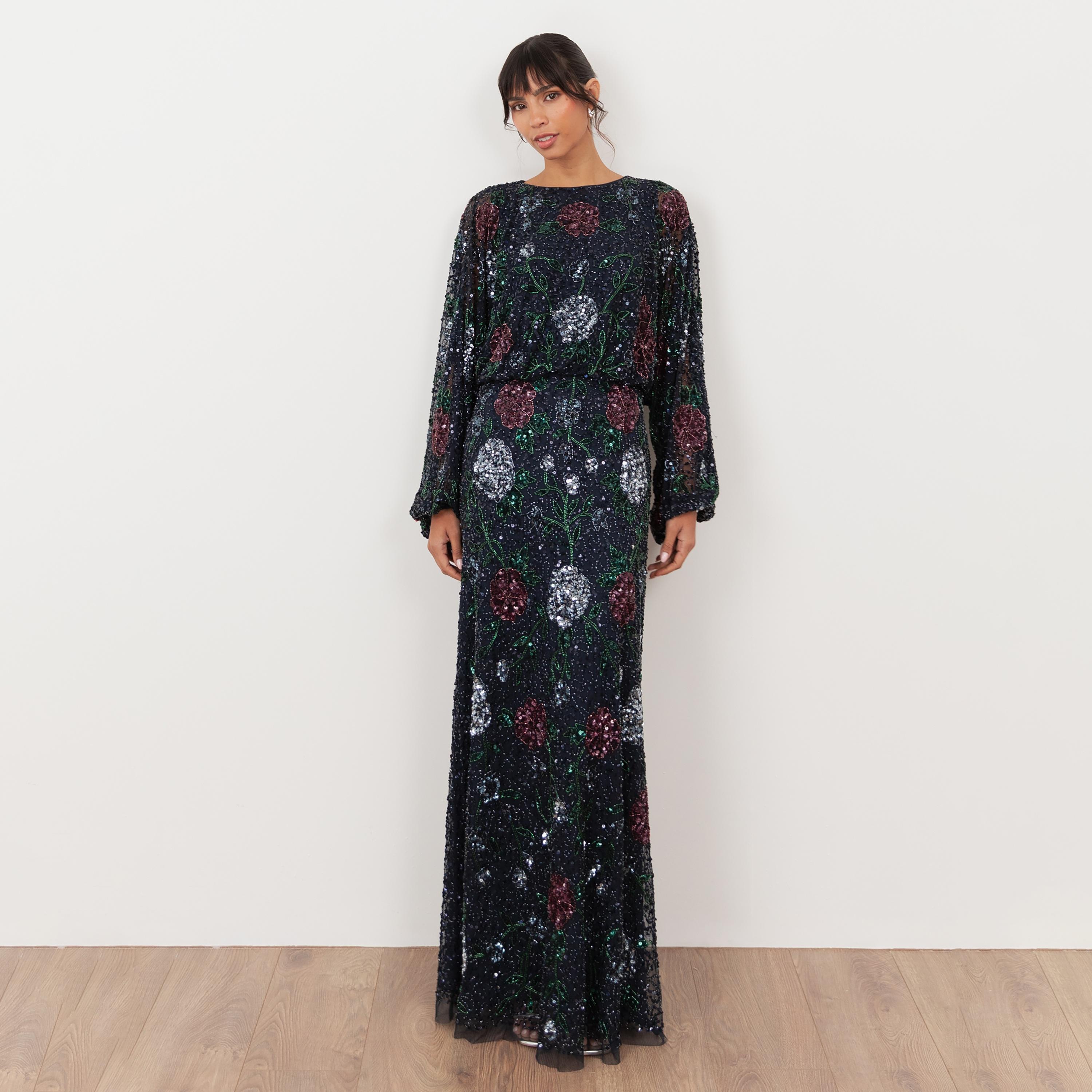 Maya Deluxe Navy Sequined & Beaded Tulle Balloon Sleeves Column Women's Evening Maxi Dress-women-clothing-dresses-image-1