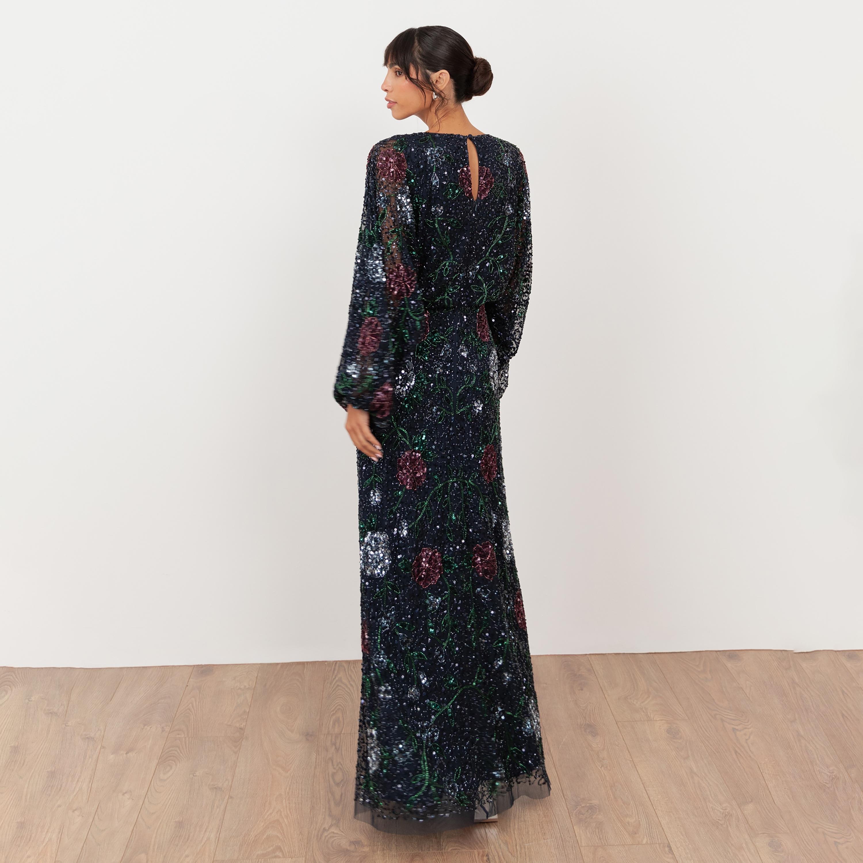 Maya Deluxe Navy Sequined & Beaded Tulle Balloon Sleeves Column Women's Evening Maxi Dress-women-clothing-dresses-image-2