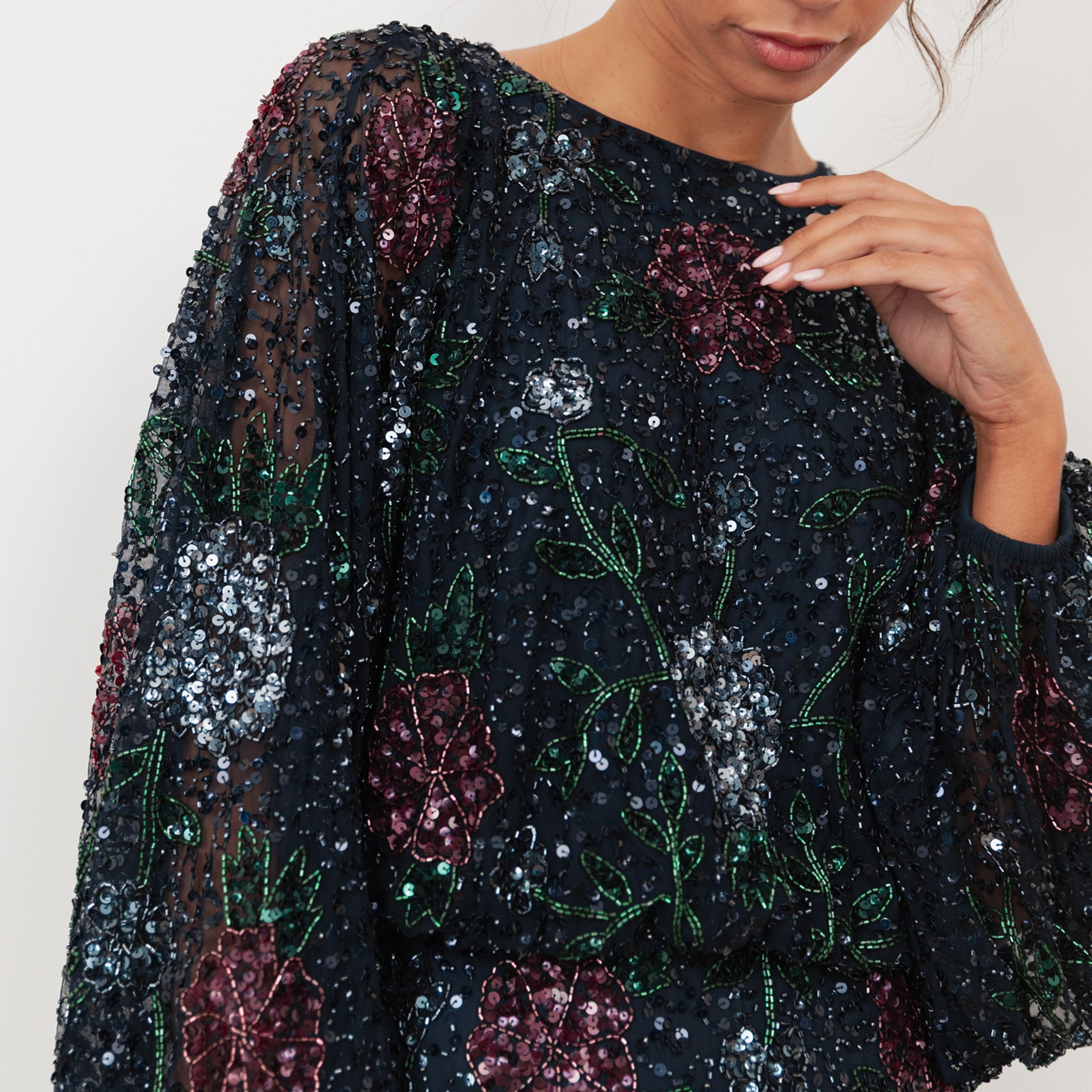 Maya Deluxe Navy Sequined & Beaded Tulle Balloon Sleeves Column Women's Evening Maxi Dress-women-clothing-dresses-image-3