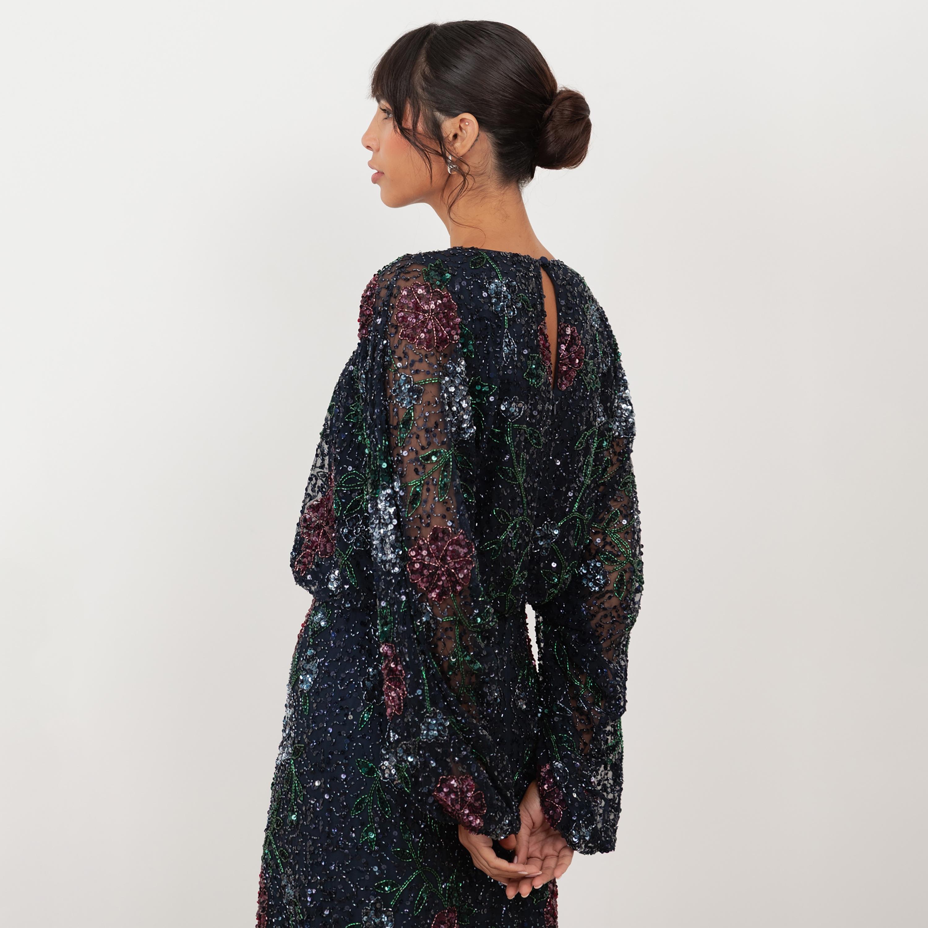 Maya Deluxe Navy Sequined & Beaded Tulle Balloon Sleeves Column Women's Evening Maxi Dress-women-clothing-dresses-image-4