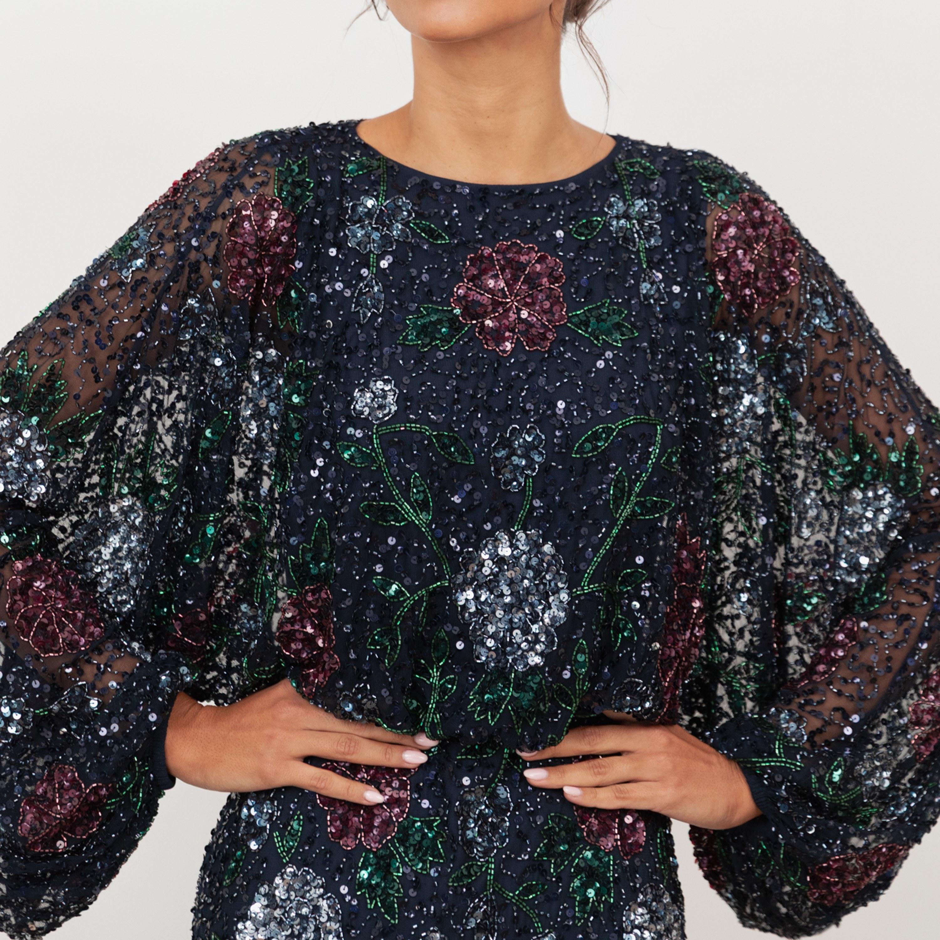 Maya Deluxe Navy Sequined & Beaded Tulle Balloon Sleeves Column Women's Evening Maxi Dress-women-clothing-dresses-image-5