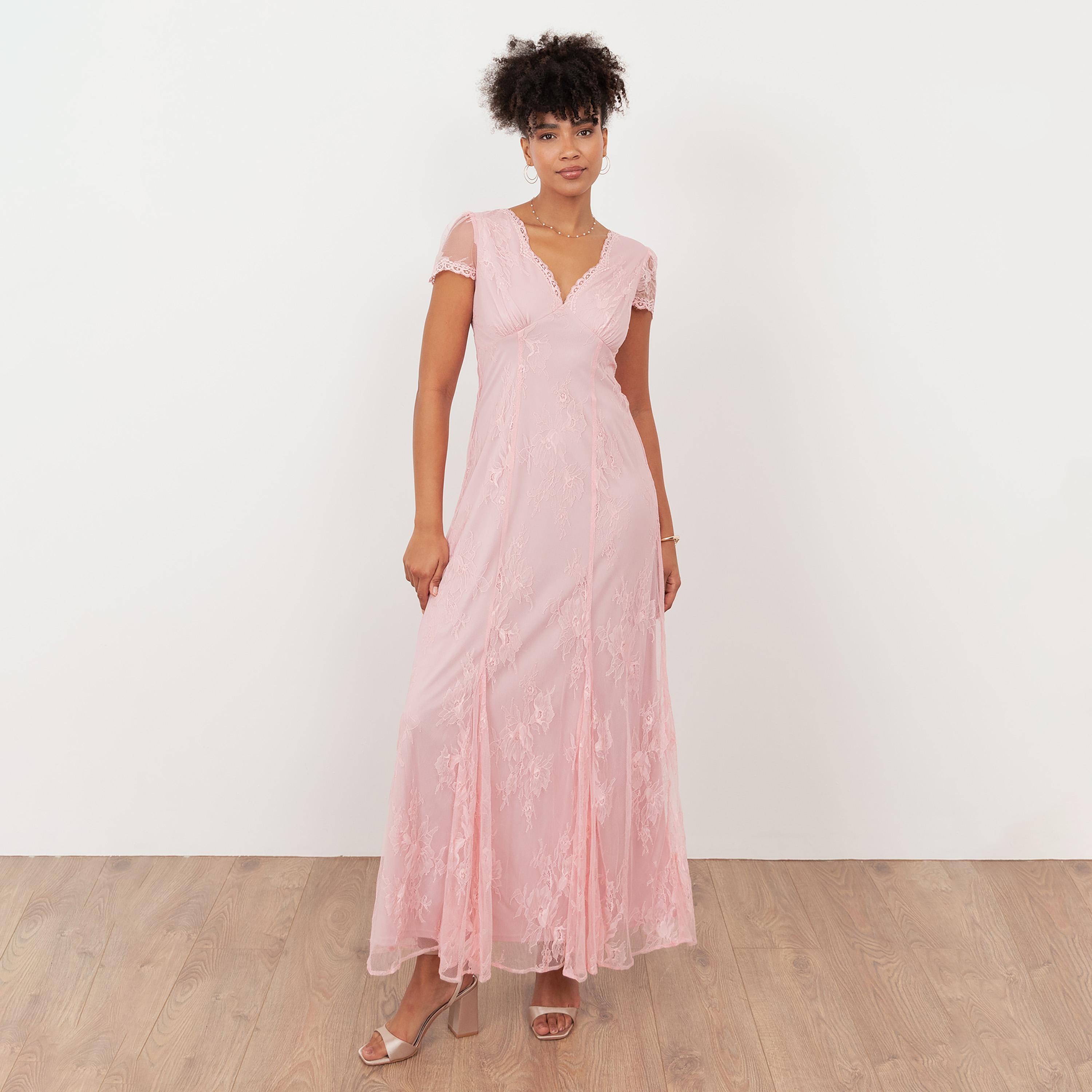 Maya Deluxe Soft Pink All-Over Lace Cap Sleeves Women's Maxi Dress-women-clothing-dresses-image-1