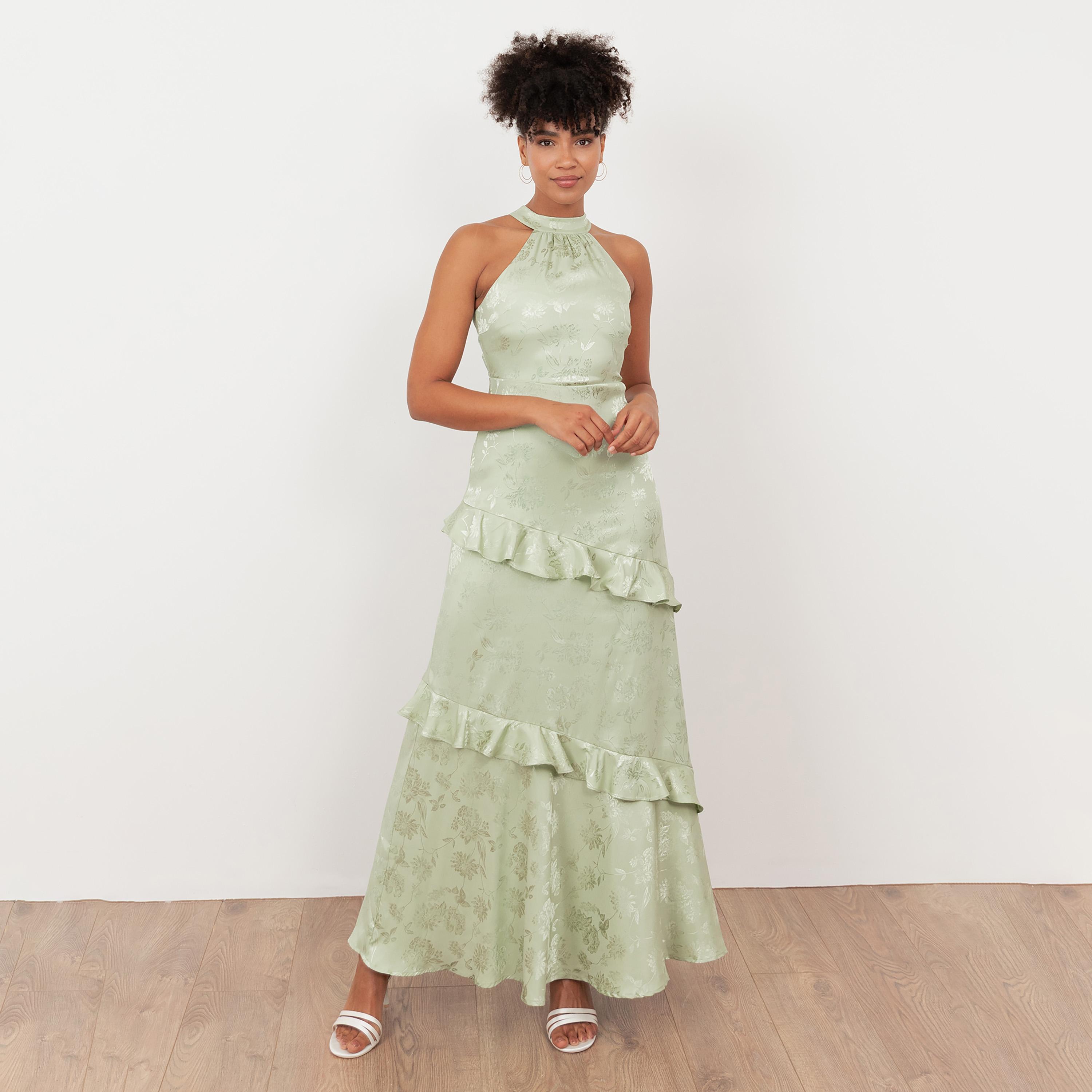 Maya Deluxe Floral Jacquard Satin Halter Neck Women's Maxi Dress-women-clothing-dresses-image-1