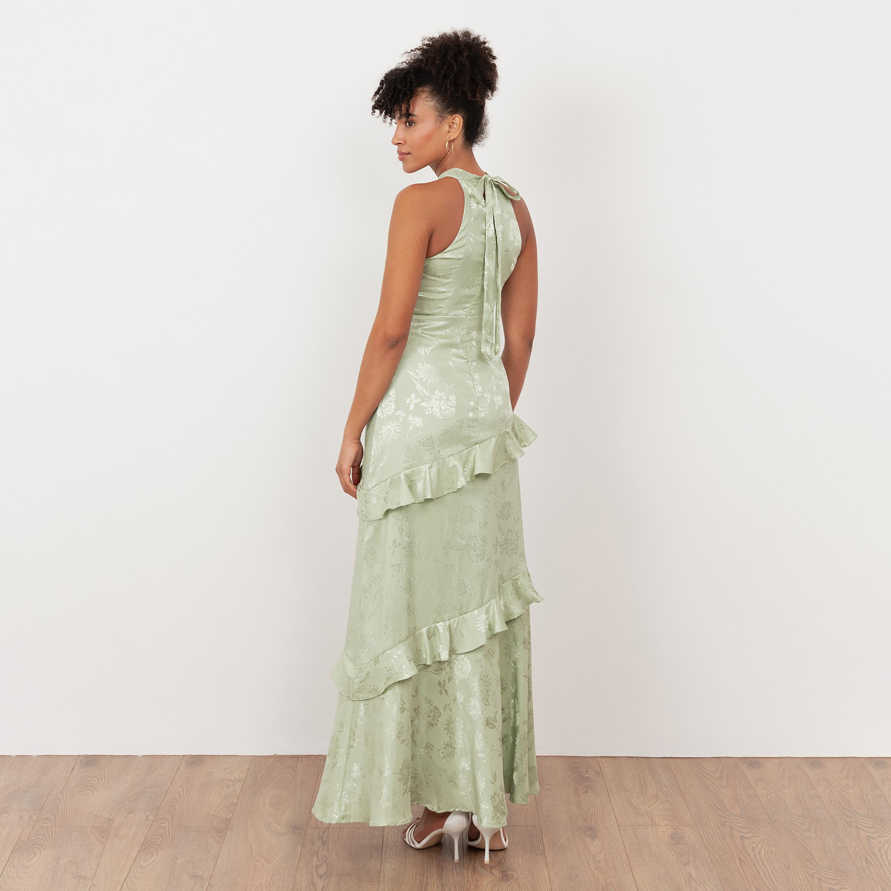 Maya Deluxe Floral Jacquard Satin Halter Neck Women's Maxi Dress-women-clothing-dresses-image-2