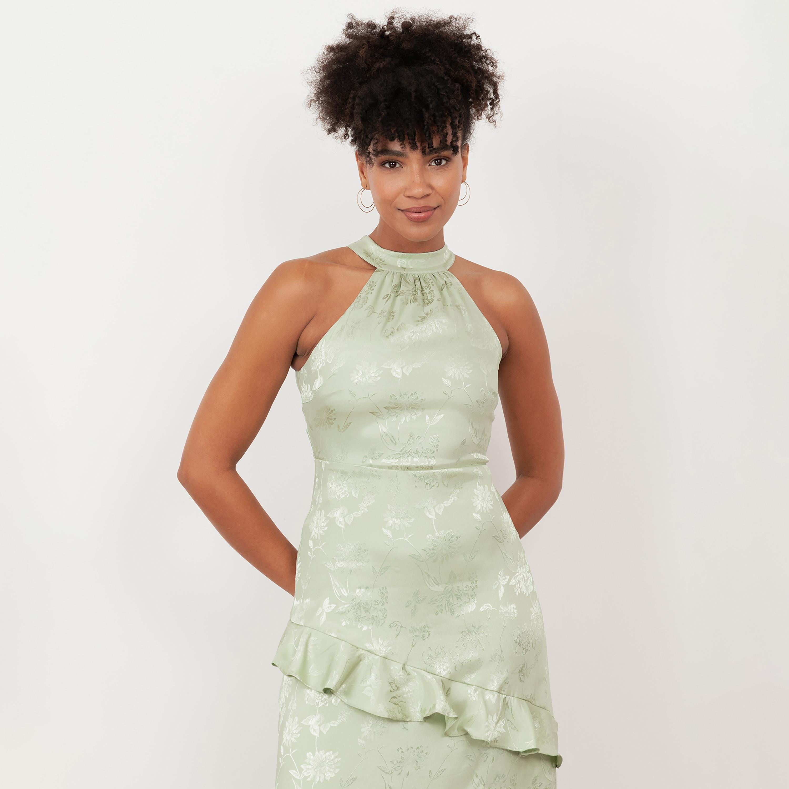 Maya Deluxe Floral Jacquard Satin Halter Neck Women's Maxi Dress-women-clothing-dresses-image-3