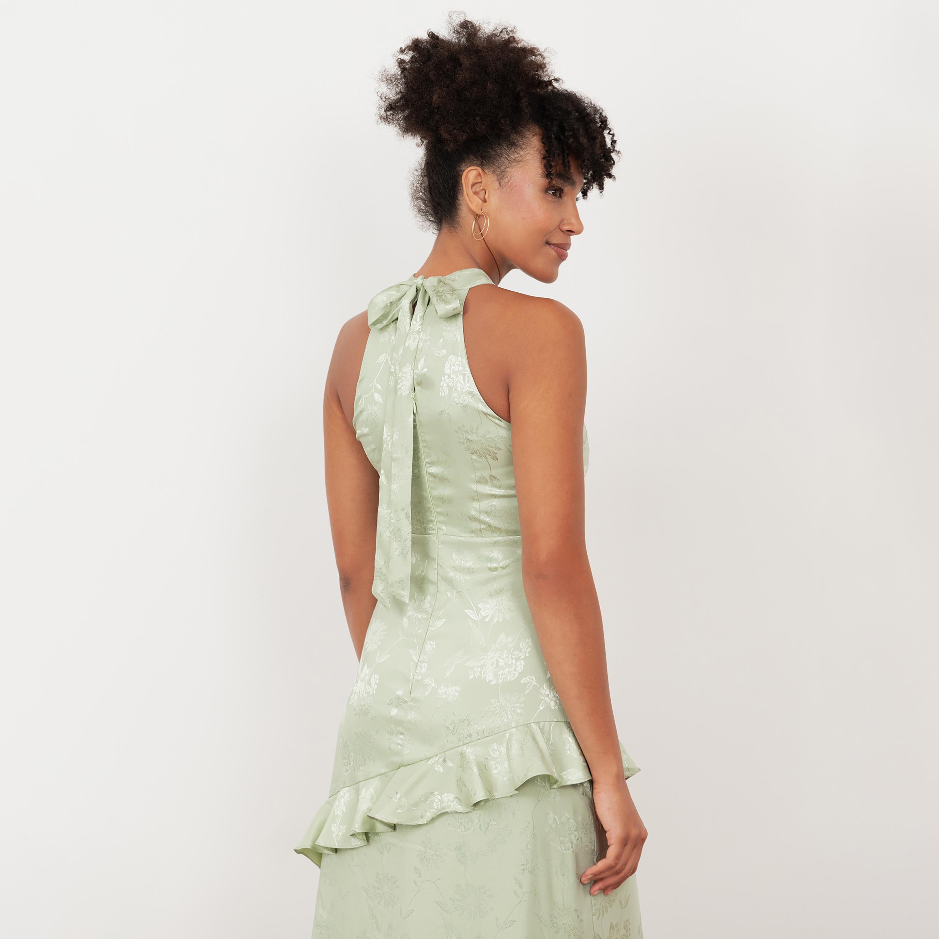 Maya Deluxe Floral Jacquard Satin Halter Neck Women's Maxi Dress-women-clothing-dresses-image-4