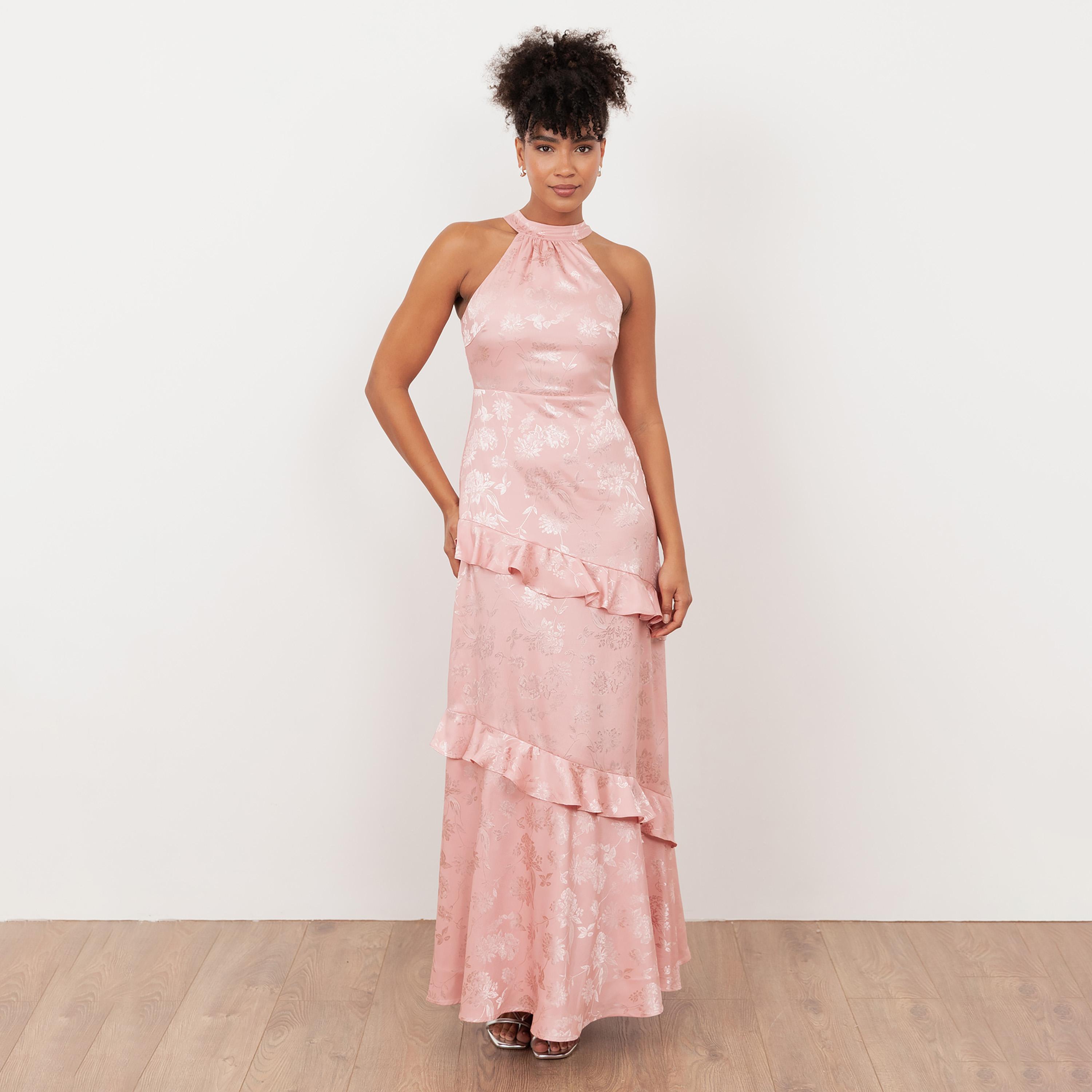 Maya Deluxe Floral Jacquard Satin Halter Neck Women's Maxi Dress-women-clothing-dresses-image-1