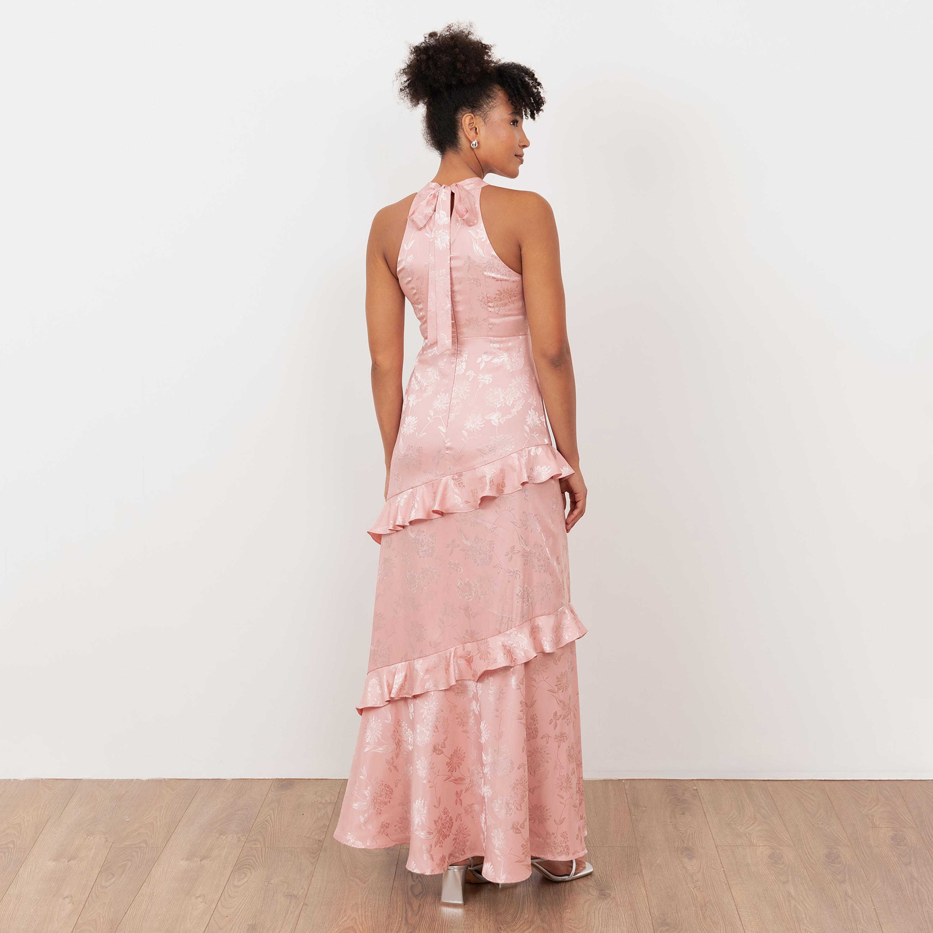 Maya Deluxe Floral Jacquard Satin Halter Neck Women's Maxi Dress-women-clothing-dresses-image-2