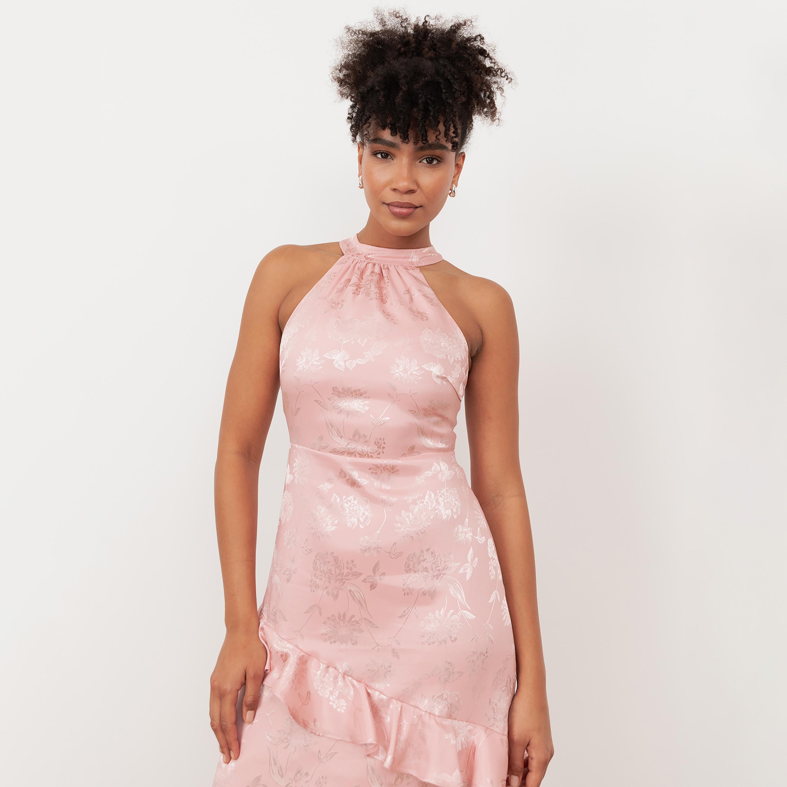 Maya Deluxe Floral Jacquard Satin Halter Neck Women's Maxi Dress-women-clothing-dresses-image-3