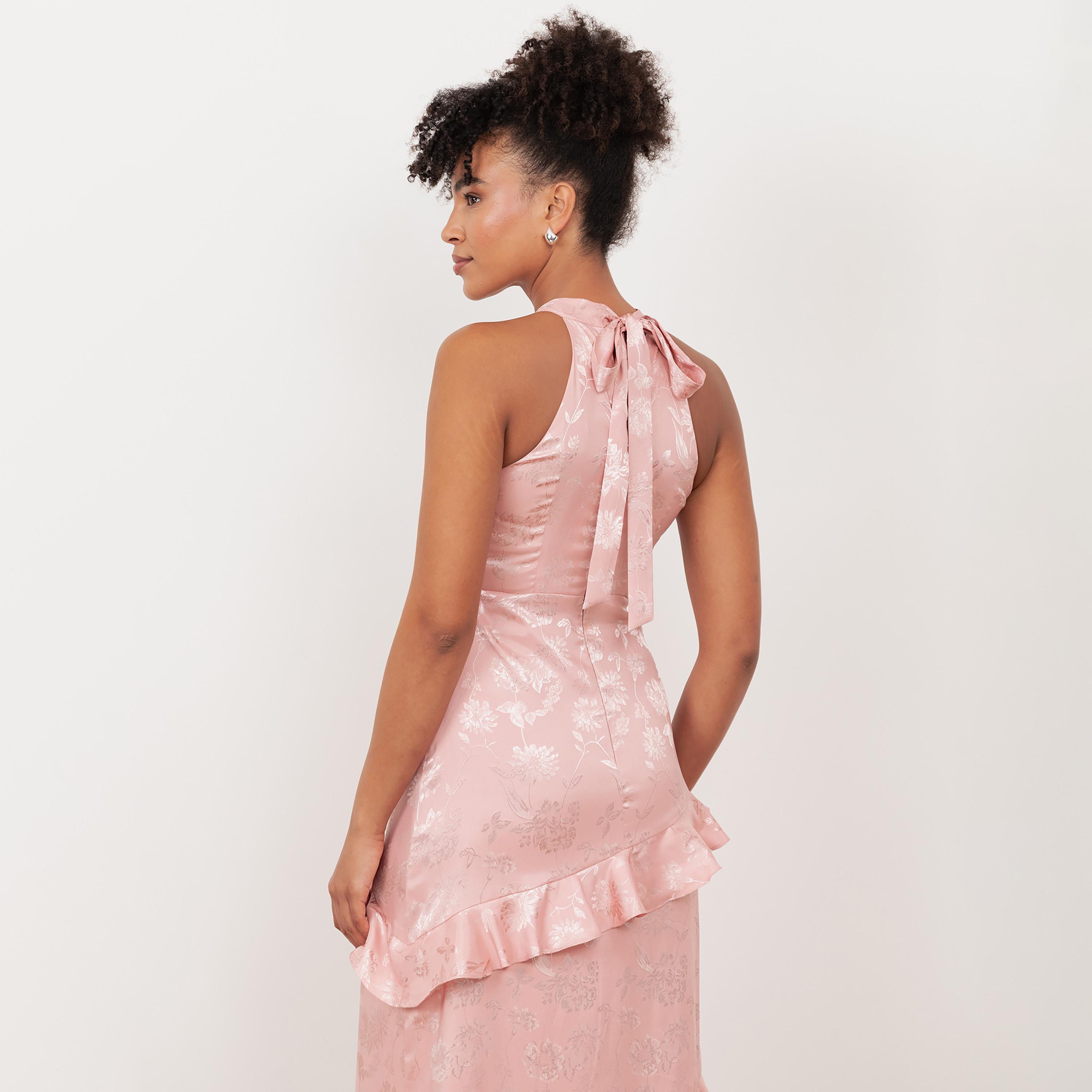 Maya Deluxe Floral Jacquard Satin Halter Neck Women's Maxi Dress-women-clothing-dresses-image-4