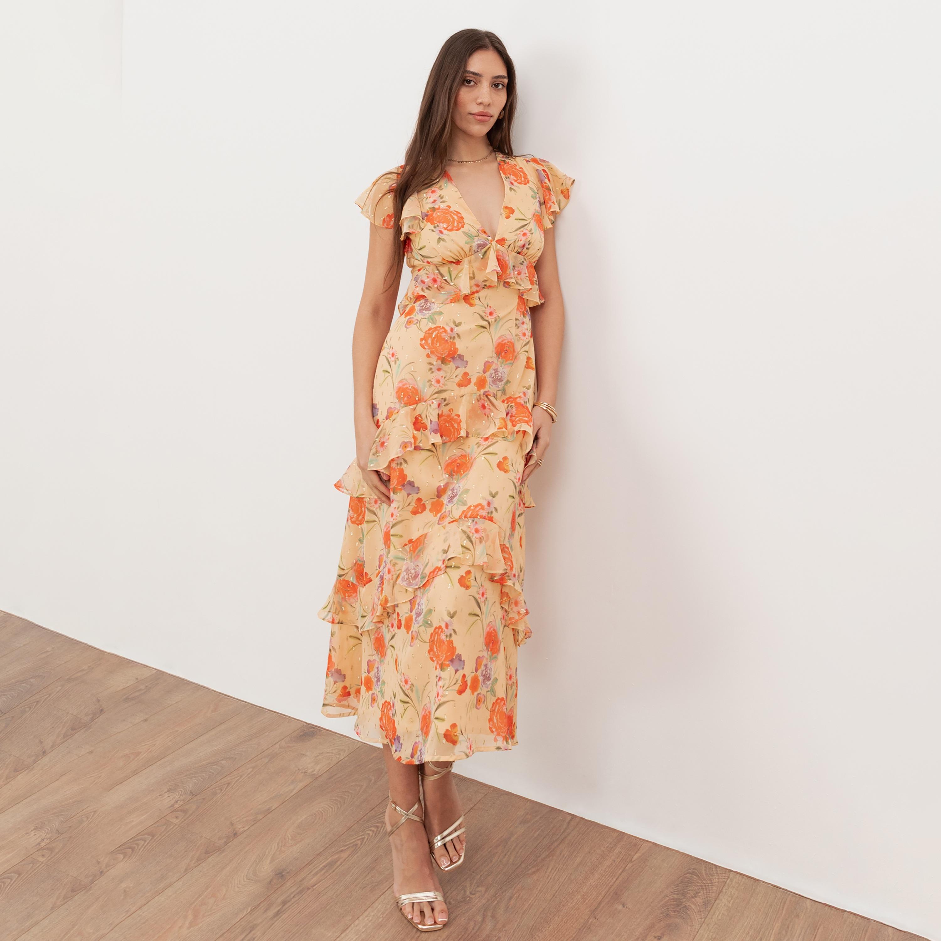 Anaya With Love Recycled Cream Floral Print Chiffon Cap Sleeves Ruffled Women's Midi Dress-women-clothing-dresses-image-1