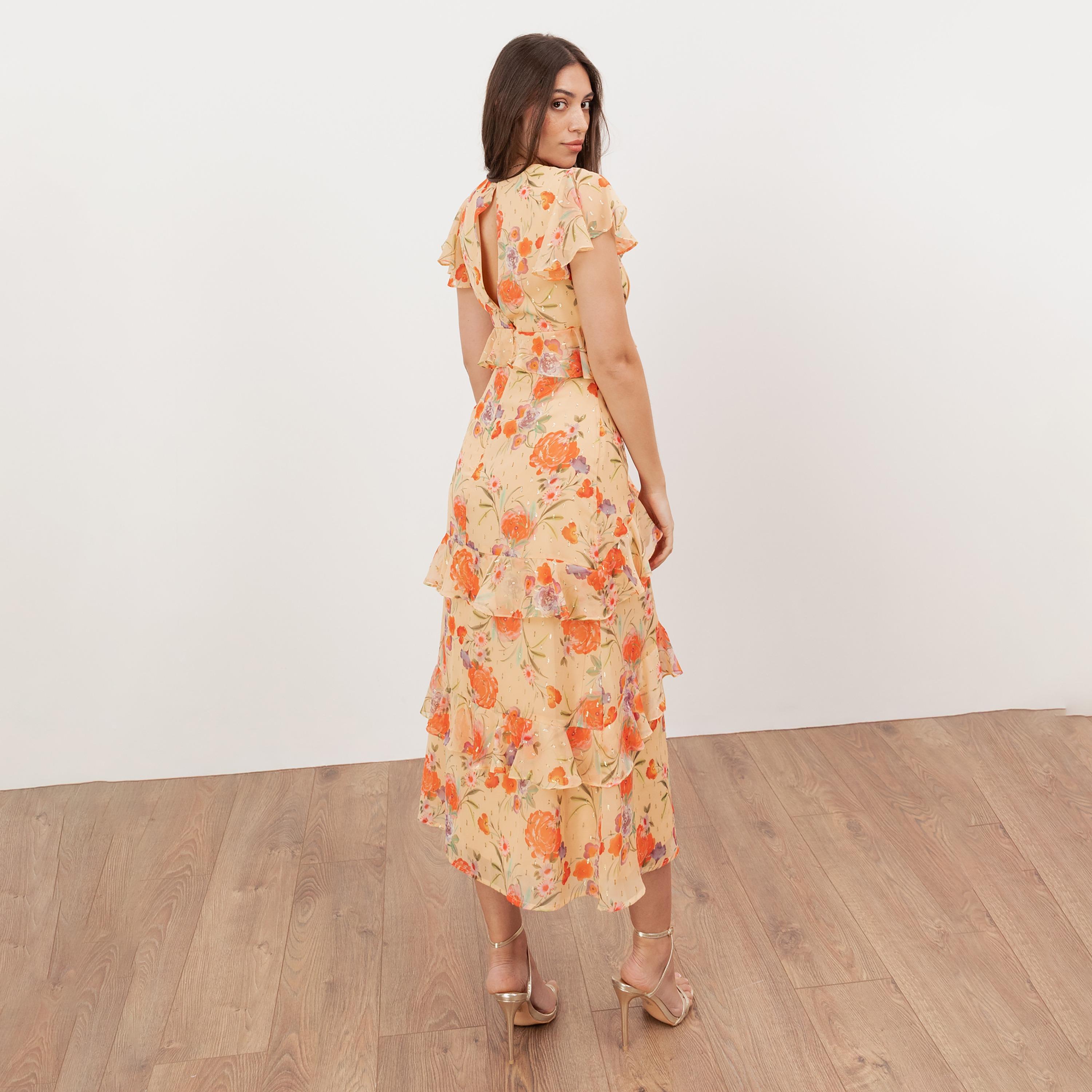 Anaya With Love Recycled Cream Floral Print Chiffon Cap Sleeves Ruffled Women's Midi Dress-women-clothing-dresses-image-2