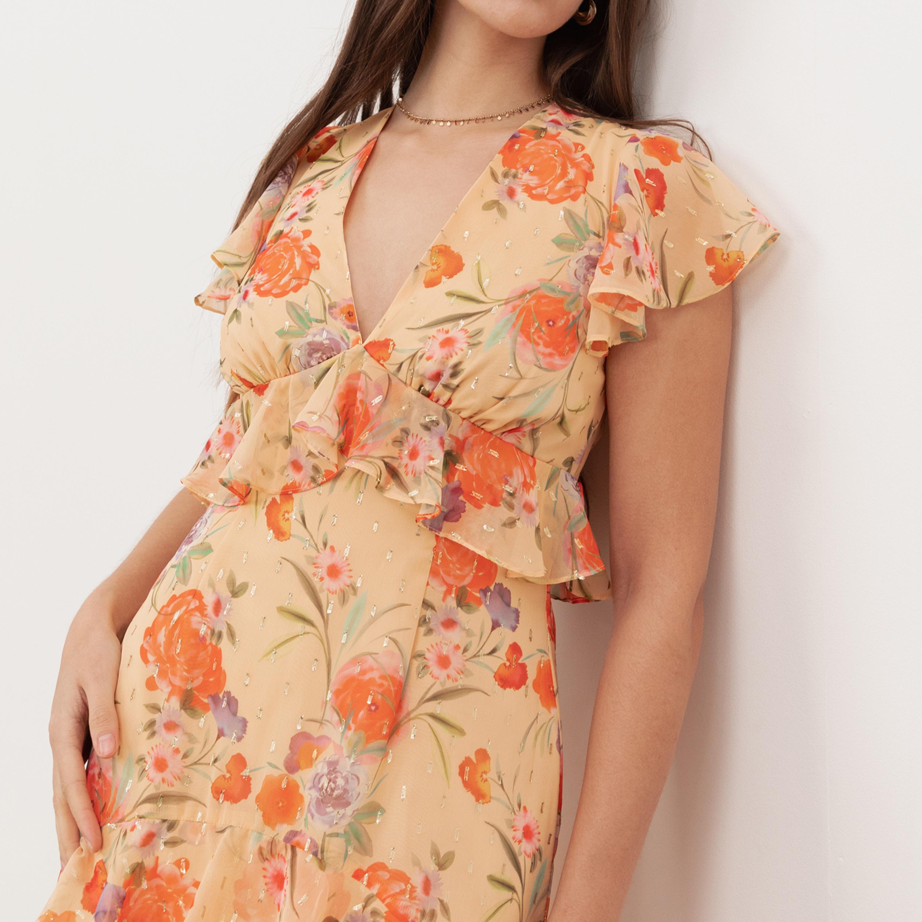 Anaya With Love Recycled Cream Floral Print Chiffon Cap Sleeves Ruffled Women's Midi Dress-women-clothing-dresses-image-3