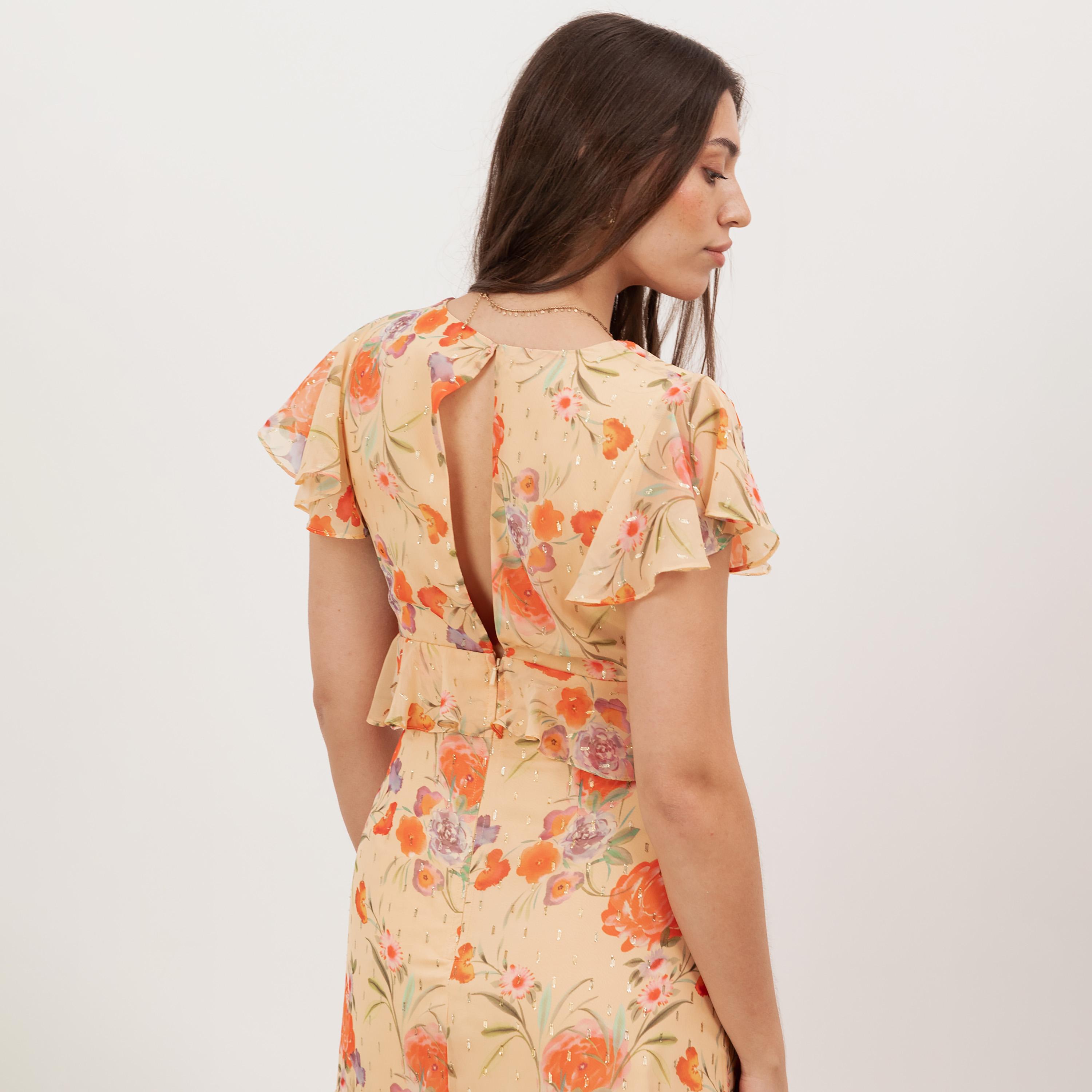 Anaya With Love Recycled Cream Floral Print Chiffon Cap Sleeves Ruffled Women's Midi Dress-women-clothing-dresses-image-4