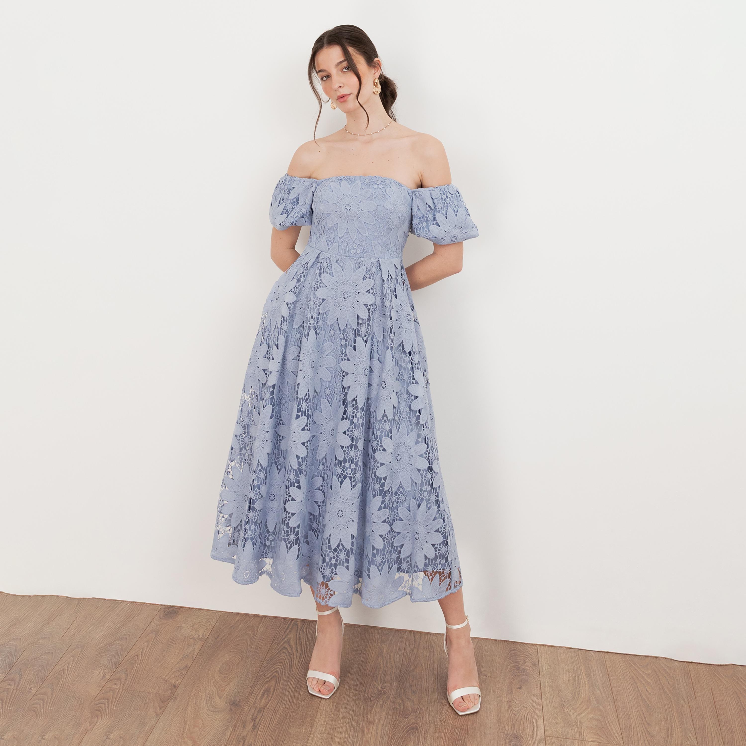 Maya Deluxe Wisteria Blue All-Over Lace Off-Shoulder Puff Sleeves Fit & Flared Women's Midi Dress-women-clothing-dresses-image-1