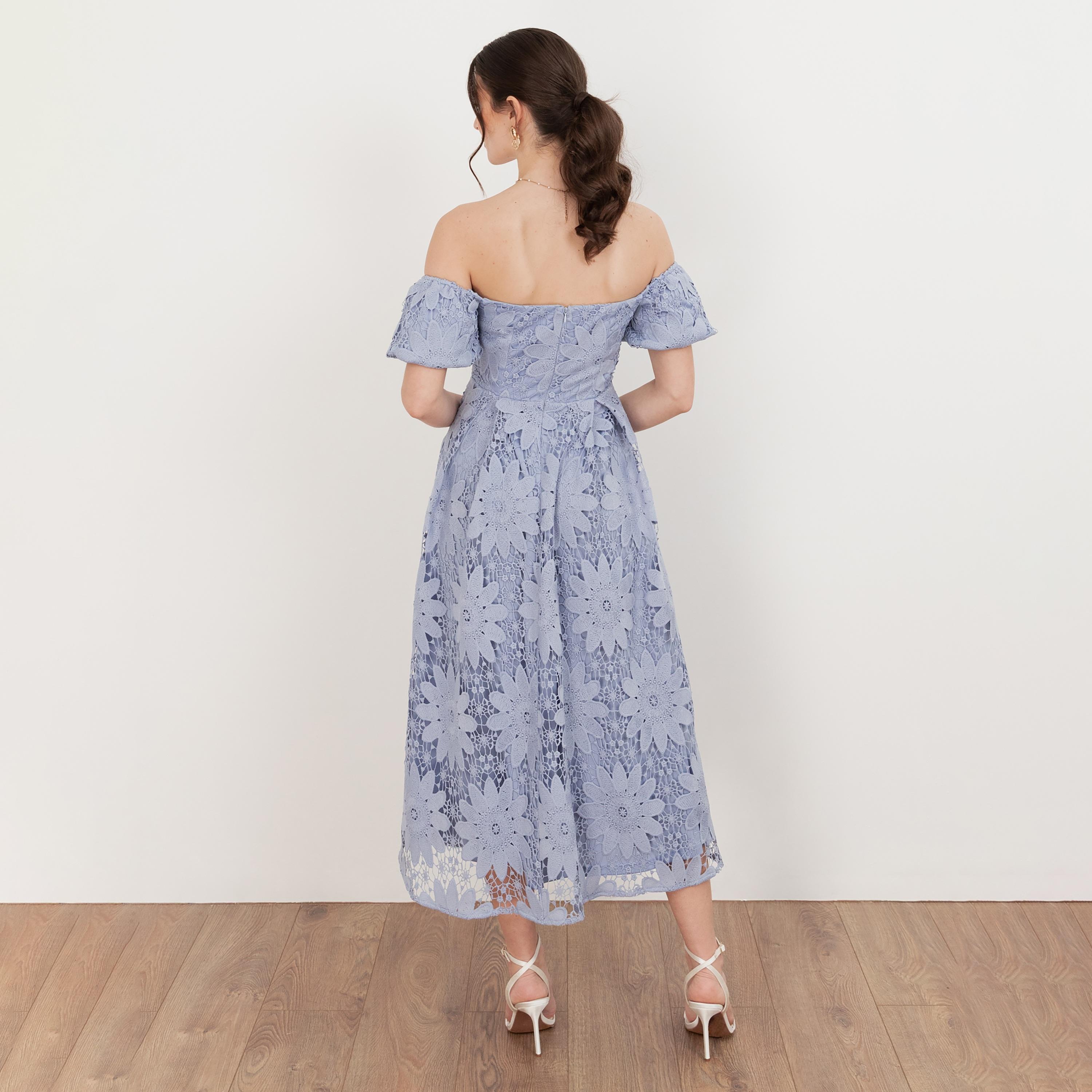 Maya Deluxe Wisteria Blue All-Over Lace Off-Shoulder Puff Sleeves Fit & Flared Women's Midi Dress-women-clothing-dresses-image-2