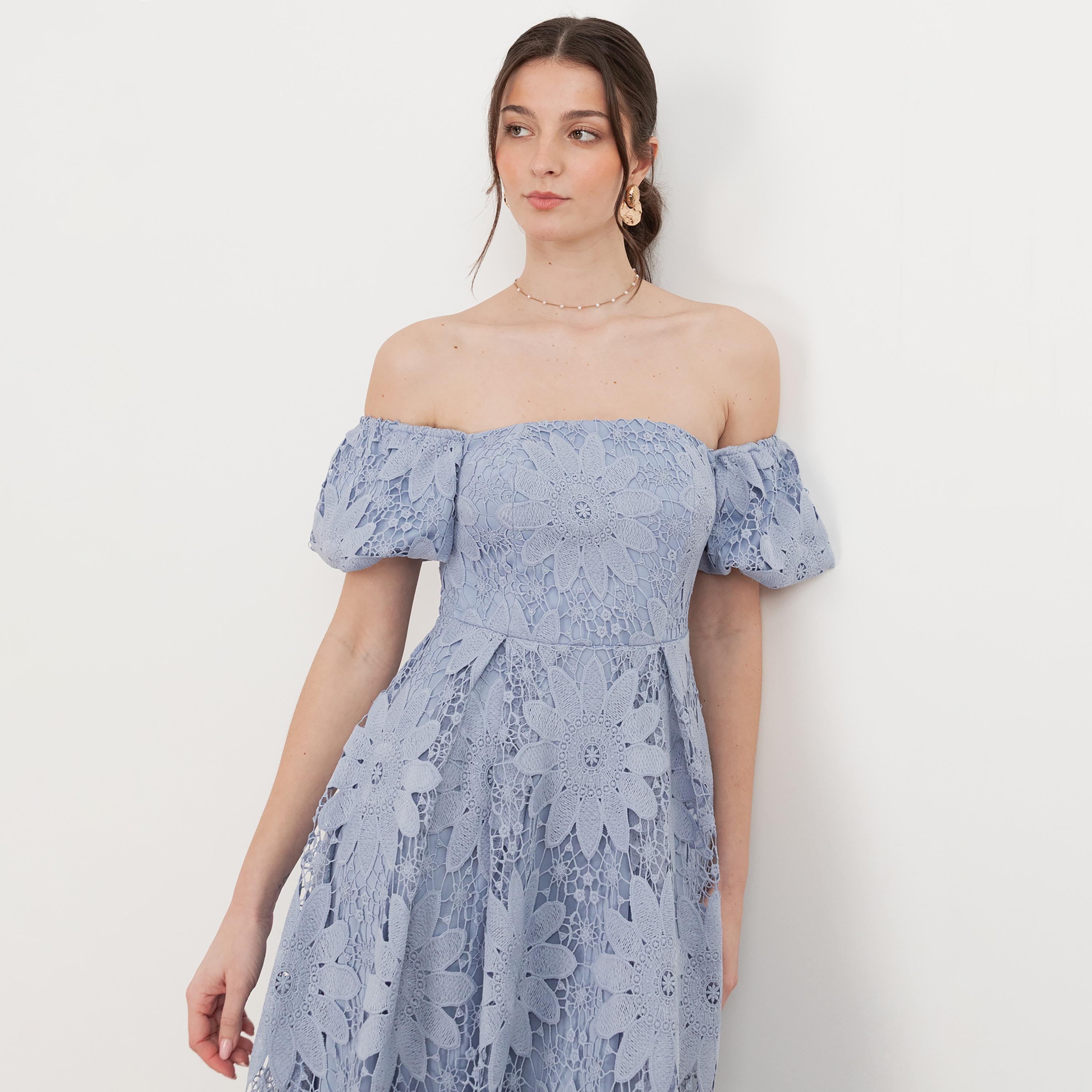 Maya Deluxe Wisteria Blue All-Over Lace Off-Shoulder Puff Sleeves Fit & Flared Women's Midi Dress-women-clothing-dresses-image-3