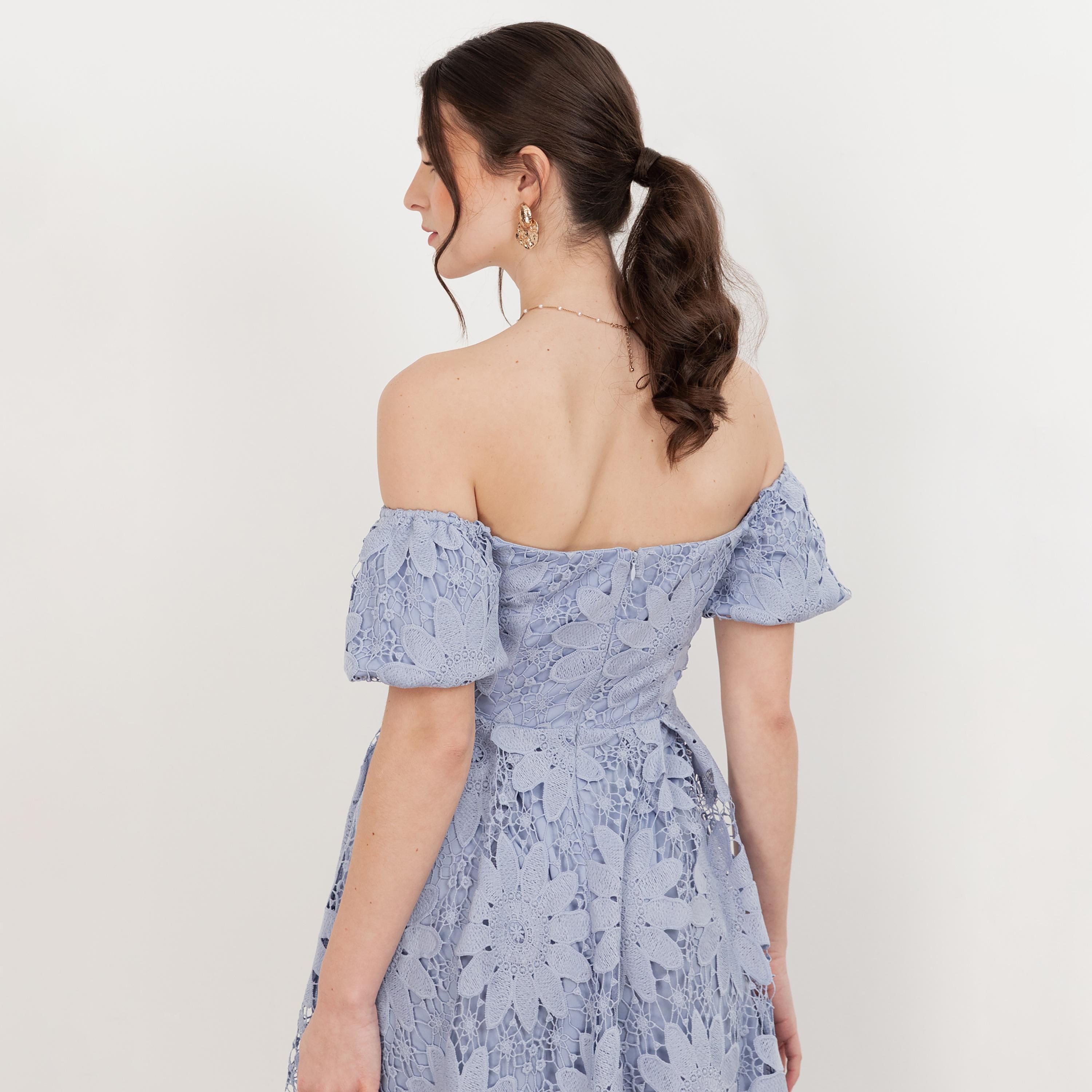 Maya Deluxe Wisteria Blue All-Over Lace Off-Shoulder Puff Sleeves Fit & Flared Women's Midi Dress-women-clothing-dresses-image-4