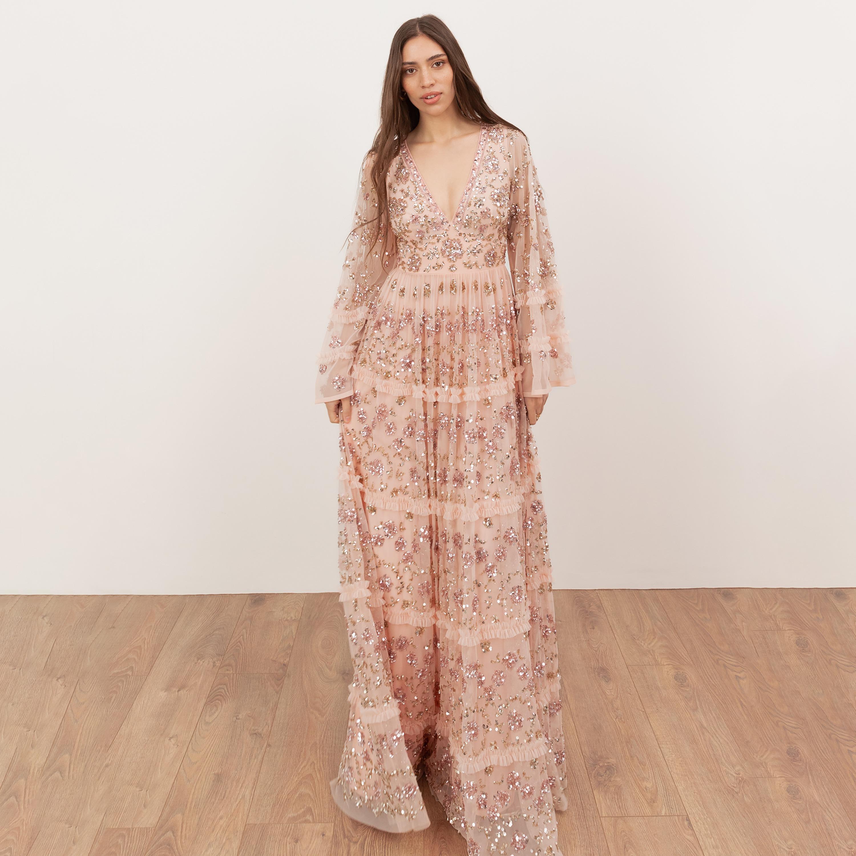 Maya Deluxe Peach Parfait Sequined & Beaded Tulle Flared Sleeves Tiered Women's Evening Maxi Dress-women-clothing-dresses-image-1