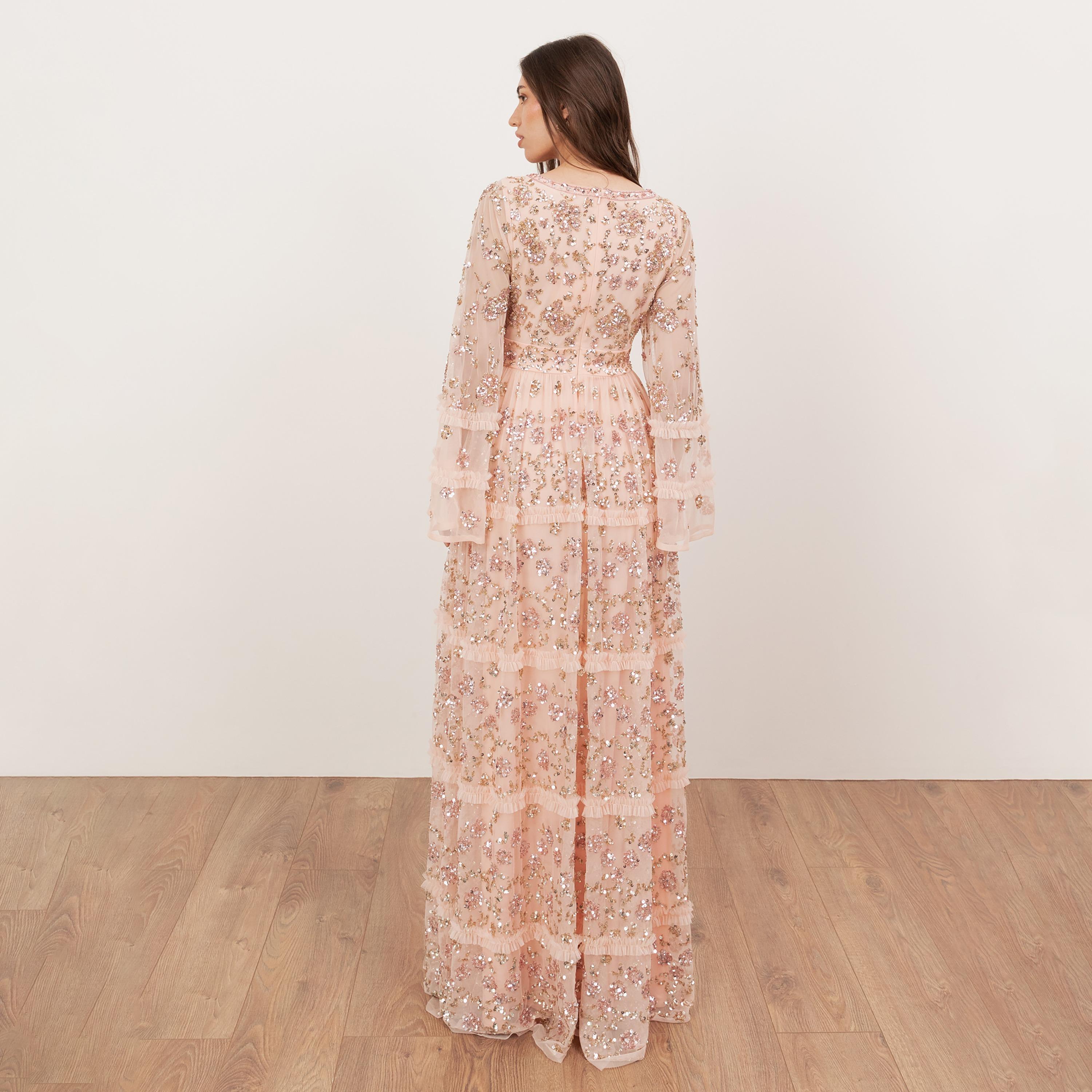 Maya Deluxe Peach Parfait Sequined & Beaded Tulle Flared Sleeves Tiered Women's Evening Maxi Dress-women-clothing-dresses-image-2