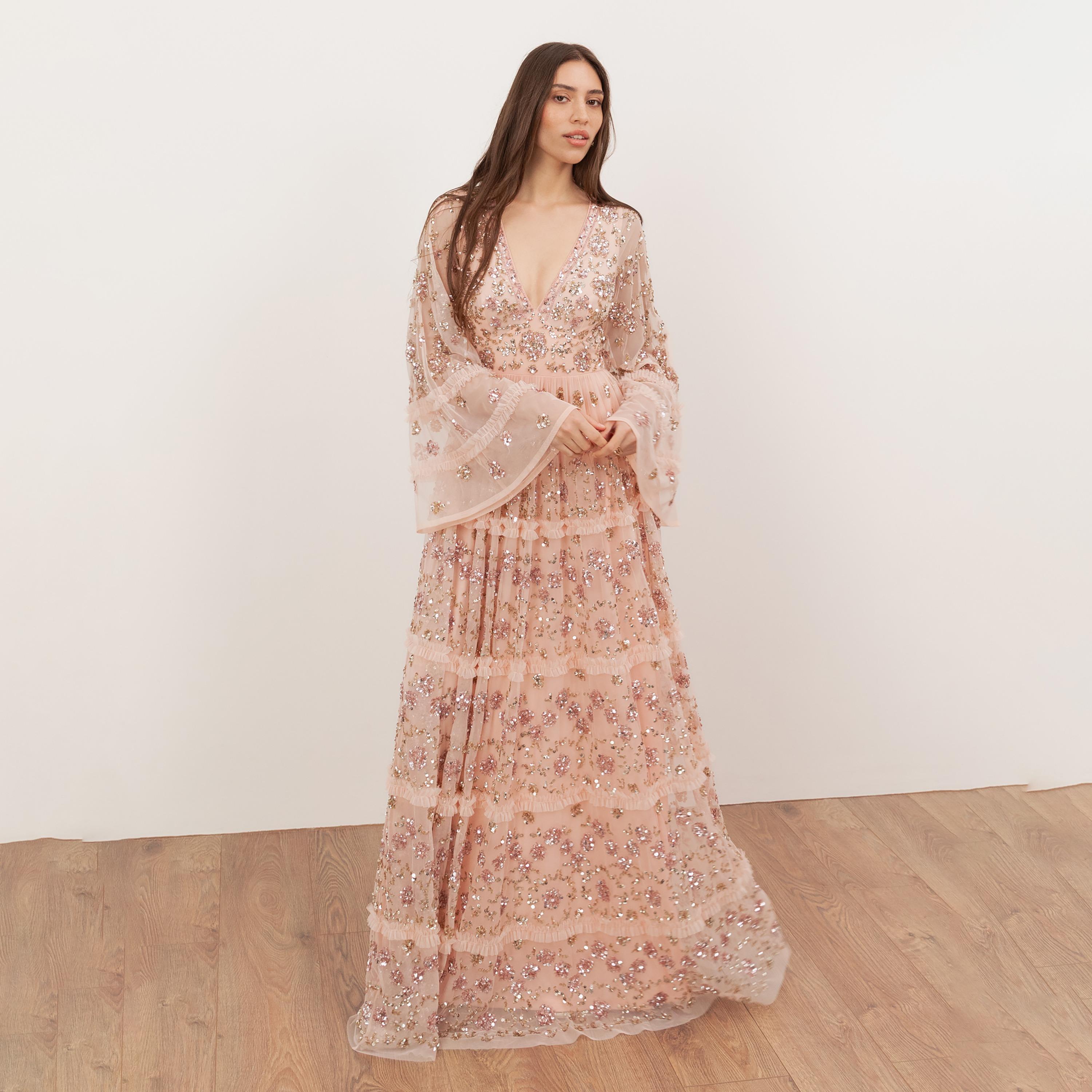 Maya Deluxe Peach Parfait Sequined & Beaded Tulle Flared Sleeves Tiered Women's Evening Maxi Dress-women-clothing-dresses-image-3